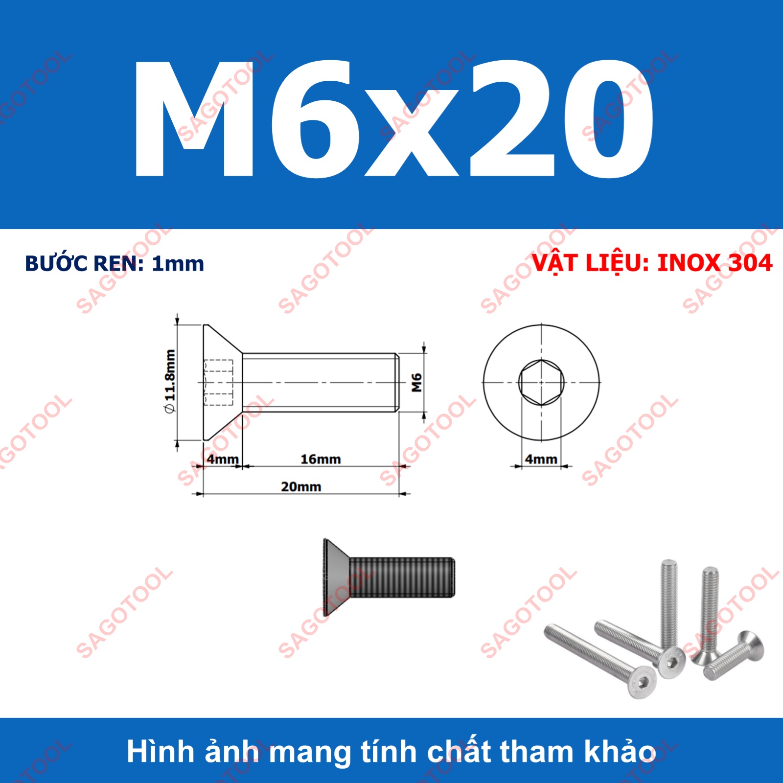 Bulong lục giác đầu bằng INOX 304 M3 M4 M5 M6 M8 (10-30 con) - Ảnh 26