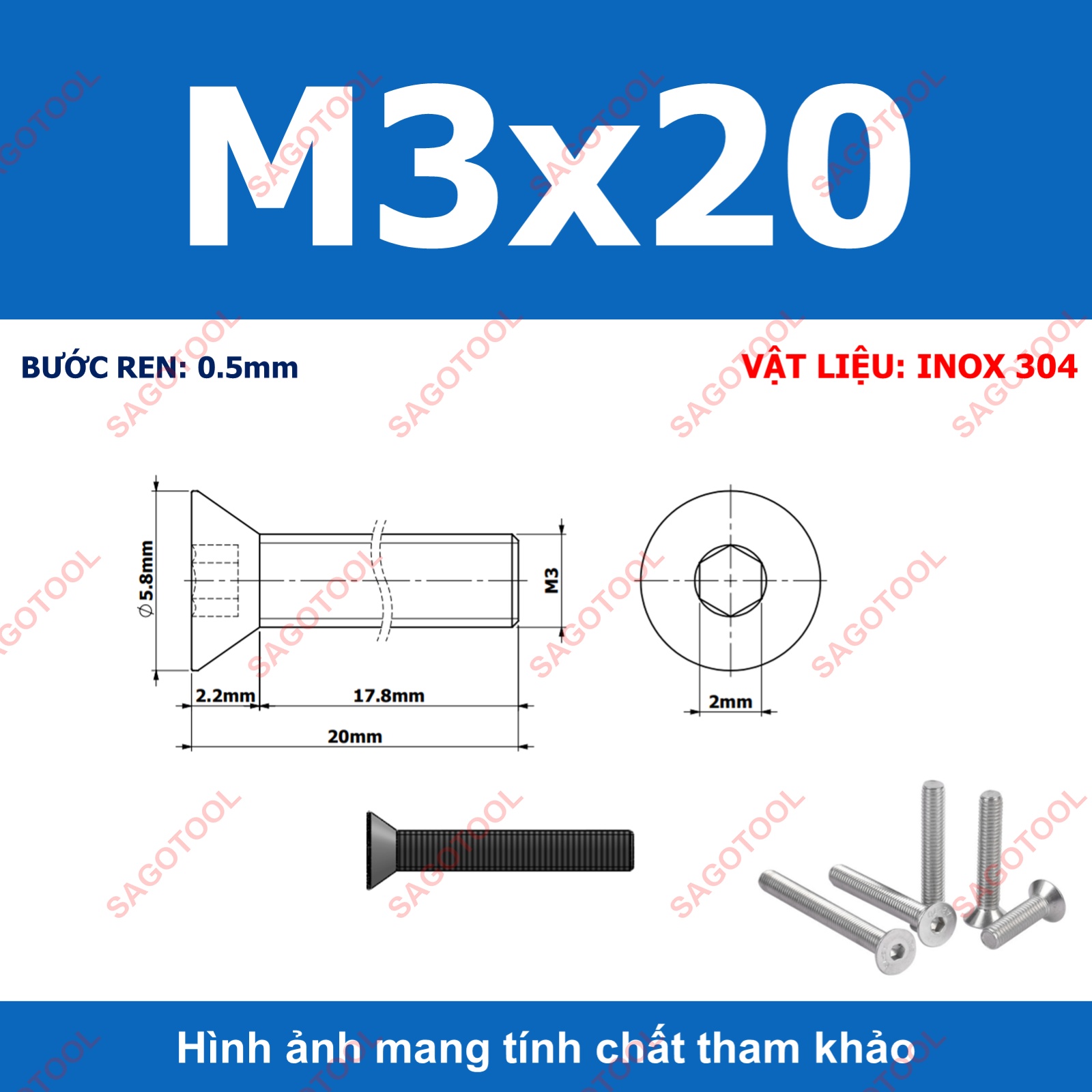 Bulong lục giác đầu bằng INOX 304 M3 M4 M5 M6 M8 (10-30 con) - Ảnh 9