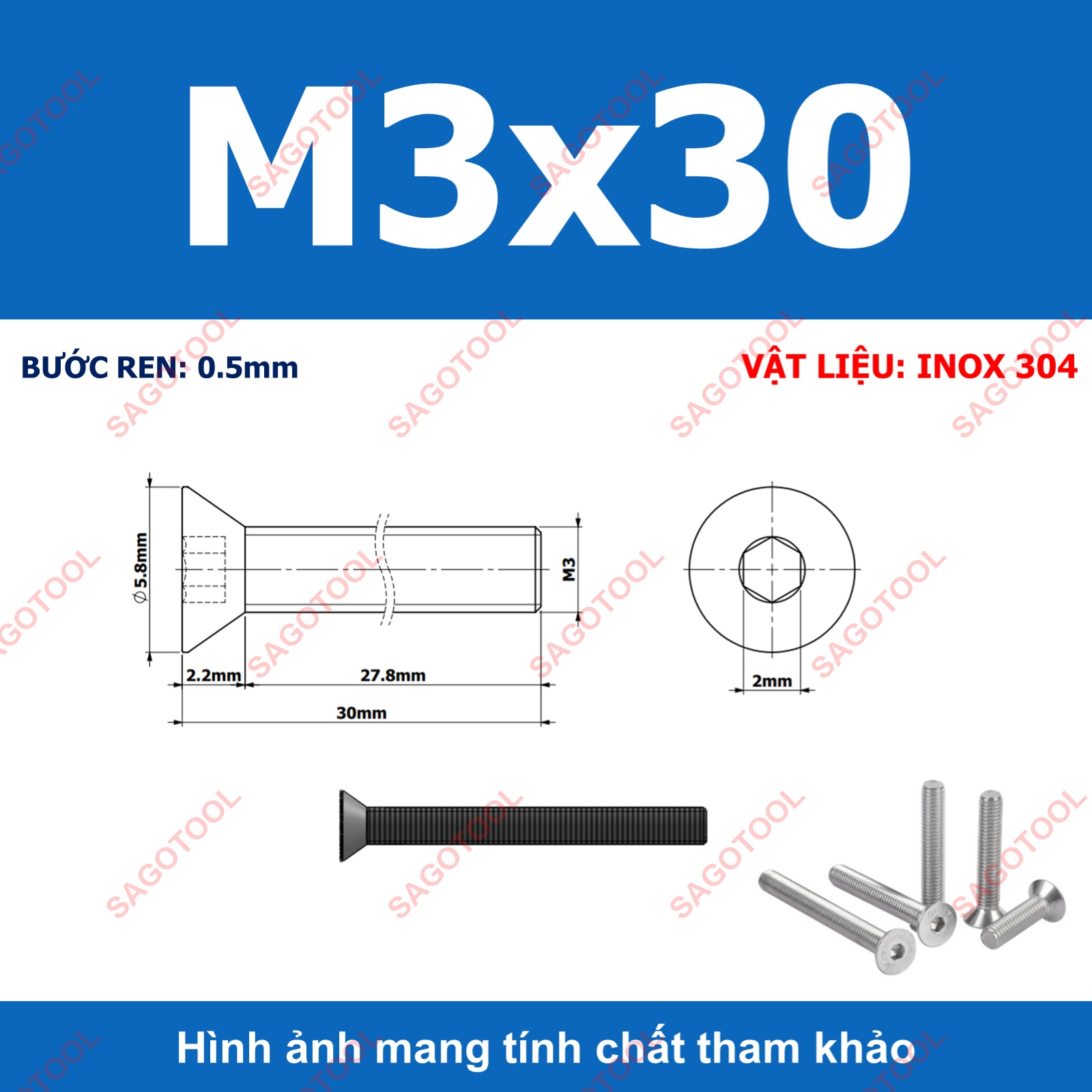 Bulong lục giác đầu bằng INOX 304 M3 M4 M5 M6 M8 (10-30 con) - Ảnh 10