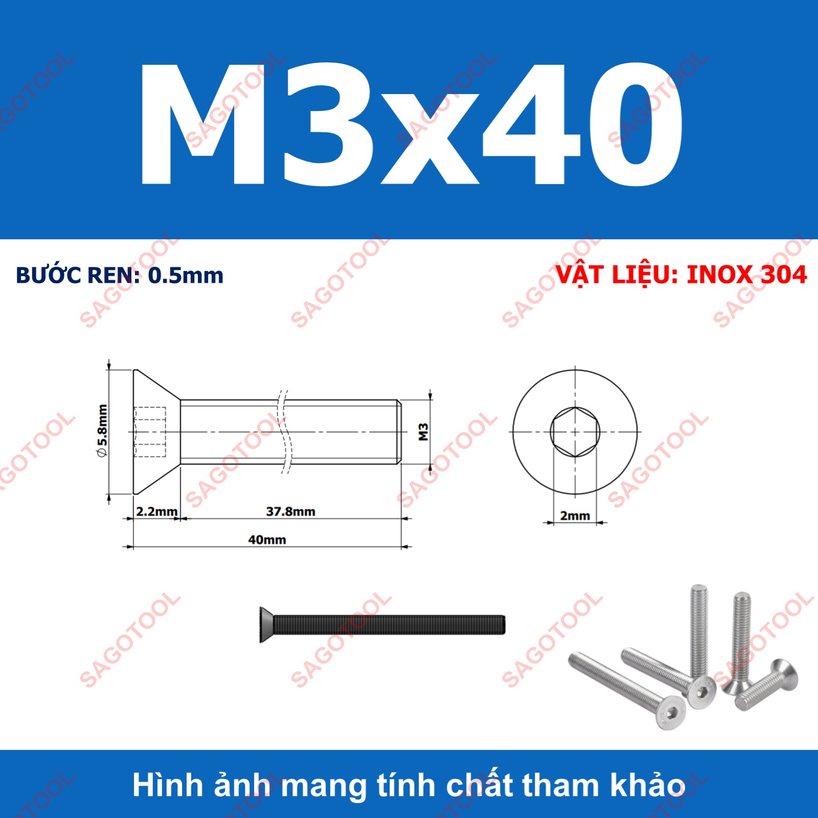 Bulong lục giác đầu bằng INOX 304 M3 M4 M5 M6 M8 (10-30 con) - Ảnh 11
