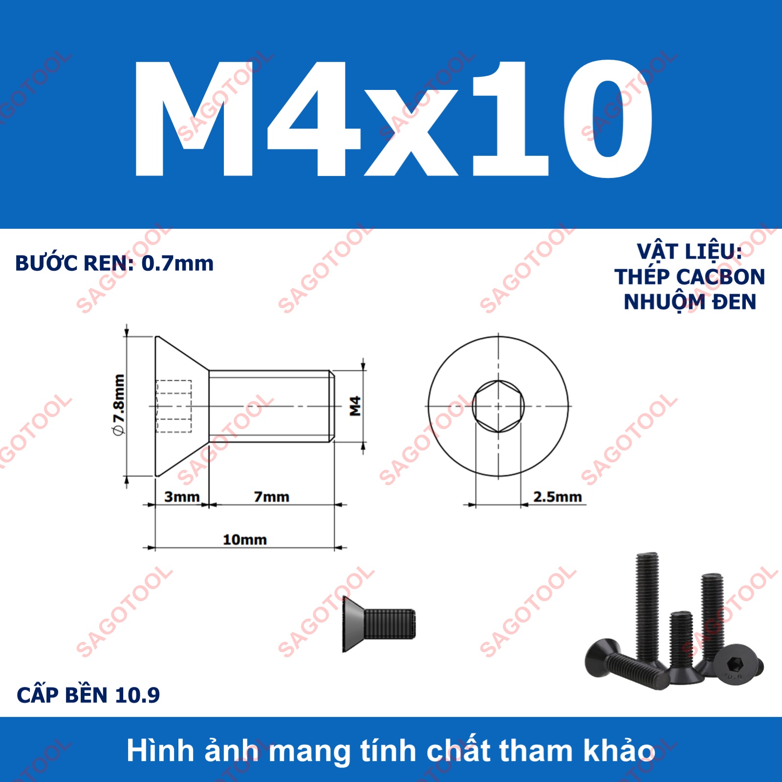 Bulong lục giác đầu bằng Thép tôi đen cấp 10.9 Size M3 M4 M5 M6 M8 - Ảnh 12
