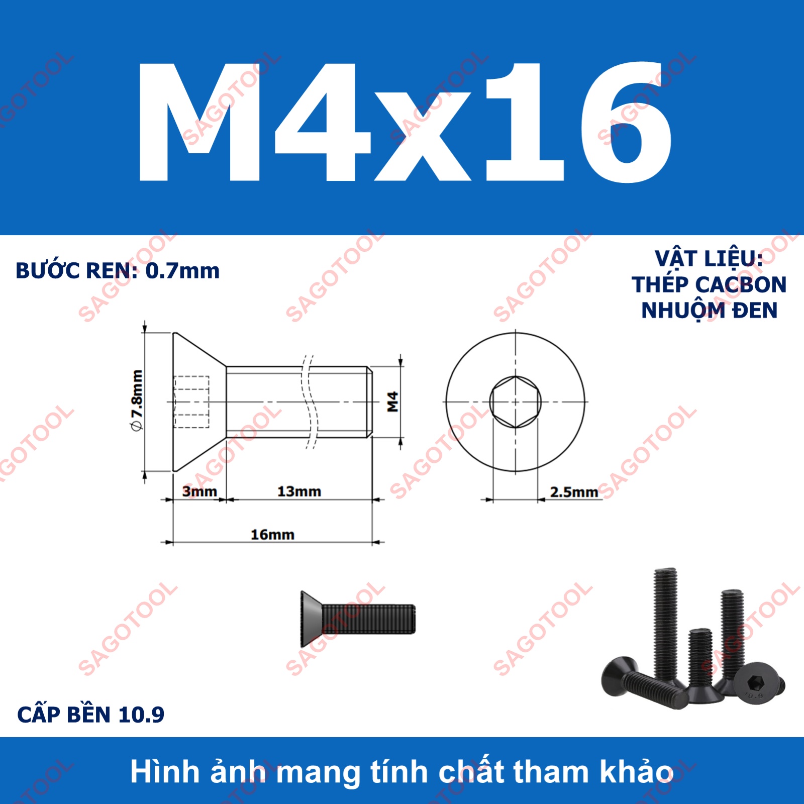 Bulong lục giác đầu bằng Thép tôi đen cấp 10.9 Size M3 M4 M5 M6 M8 - Ảnh 13