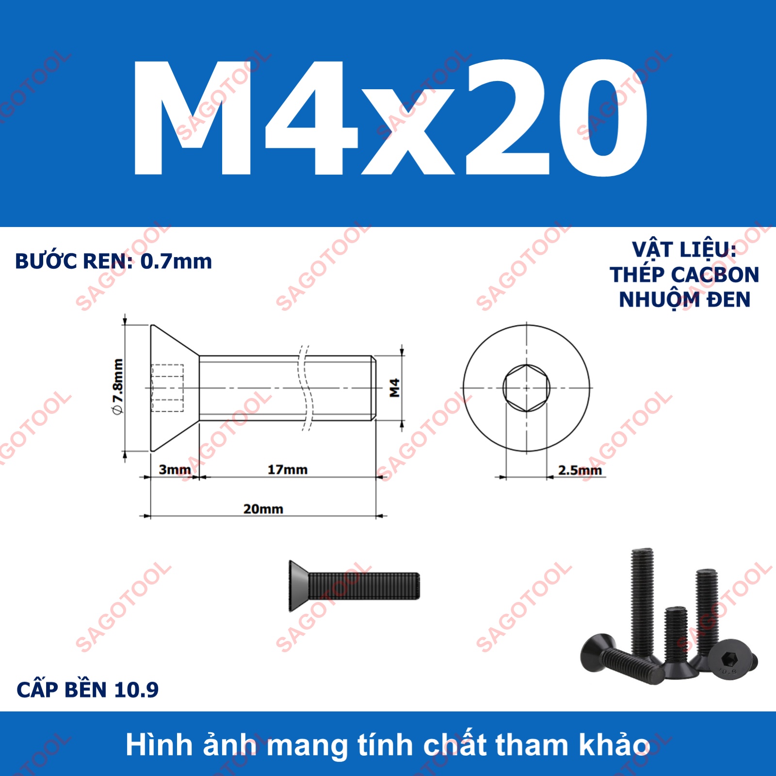 Bulong lục giác đầu bằng Thép tôi đen cấp 10.9 Size M3 M4 M5 M6 M8 - Ảnh 14