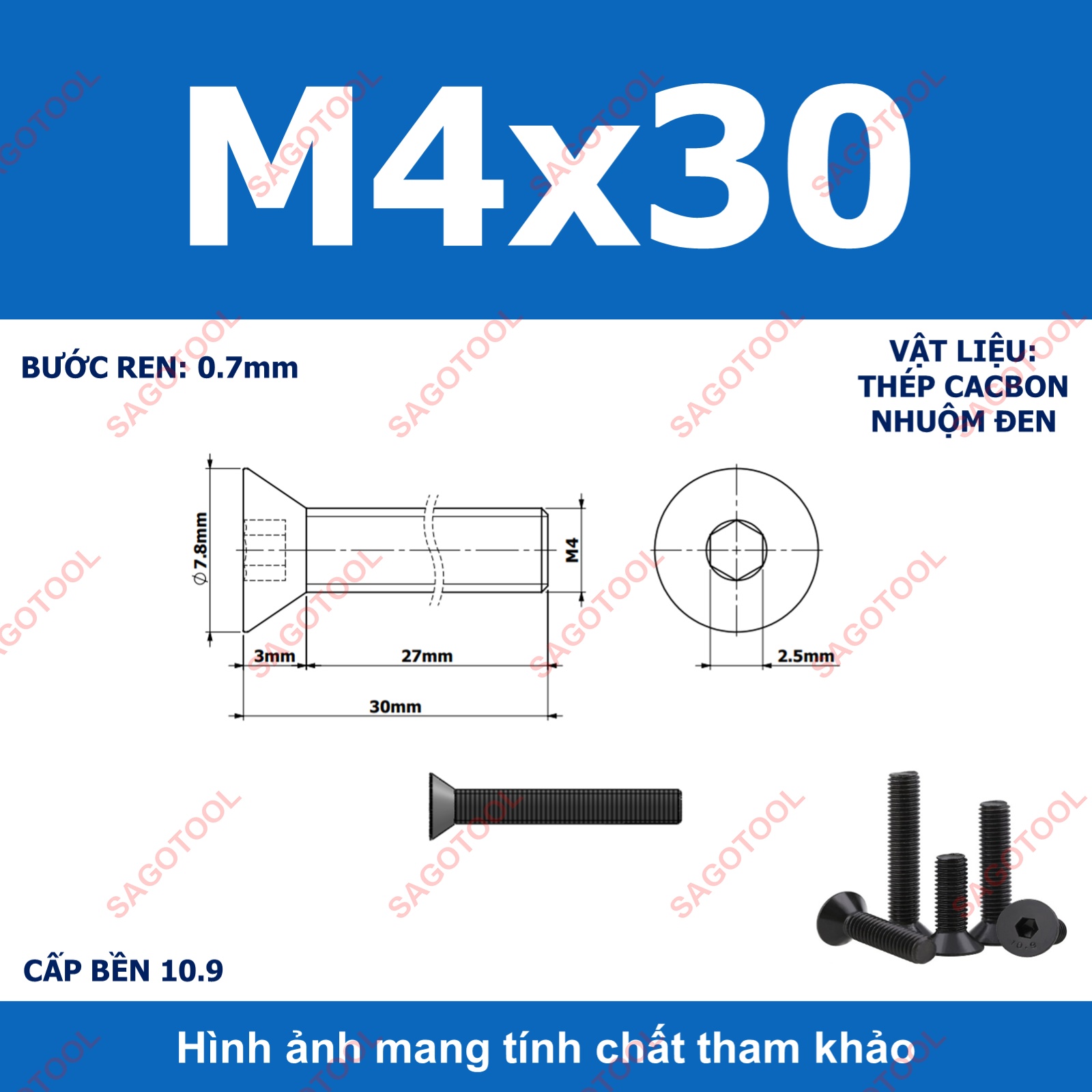 Bulong lục giác đầu bằng Thép tôi đen cấp 10.9 Size M3 M4 M5 M6 M8 - Ảnh 15