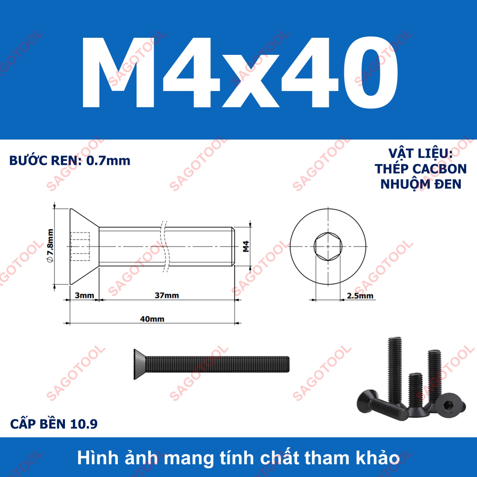Bulong lục giác đầu bằng Thép tôi đen cấp 10.9 Size M3 M4 M5 M6 M8 - Ảnh 16