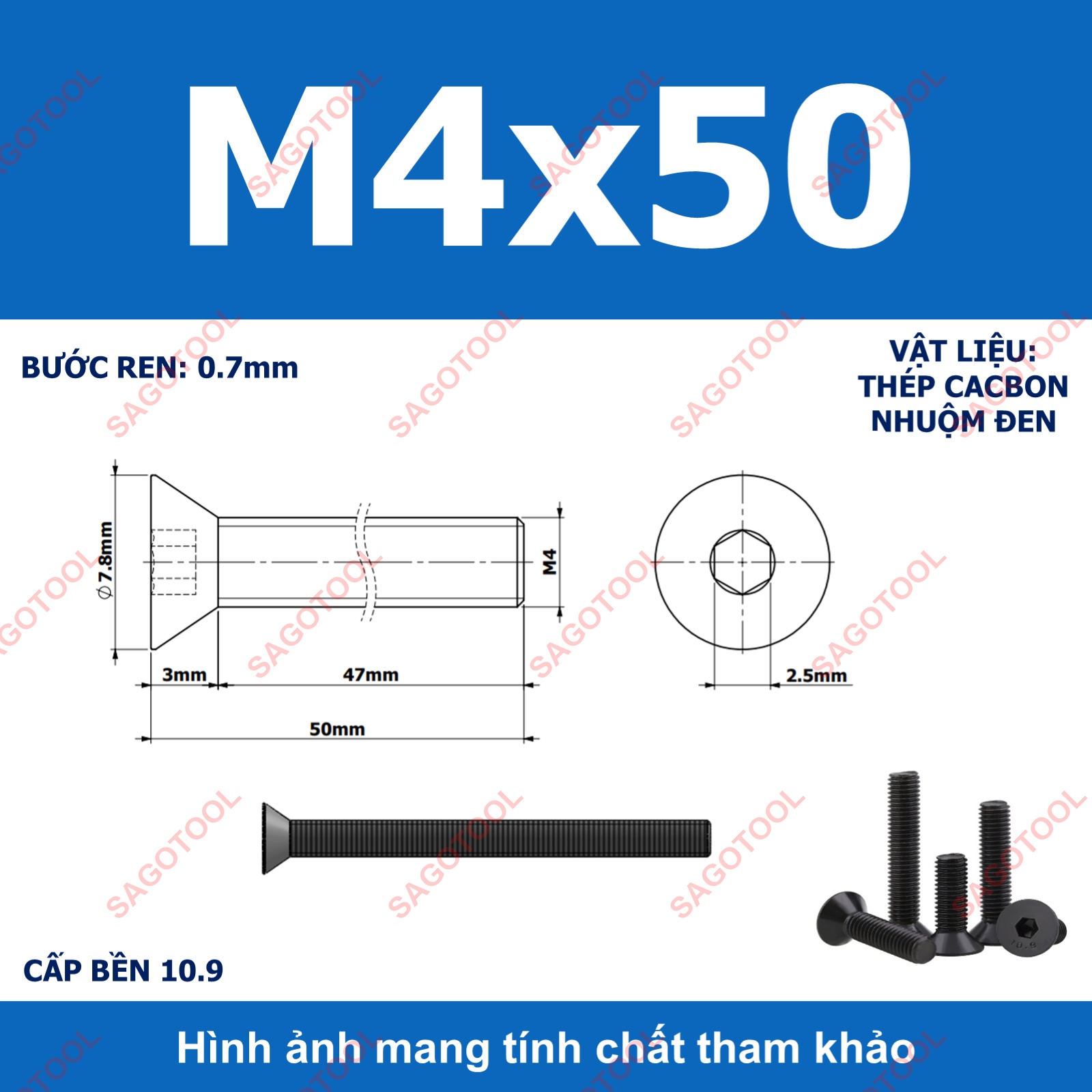 Bulong lục giác đầu bằng Thép tôi đen cấp 10.9 Size M3 M4 M5 M6 M8 - Ảnh 17