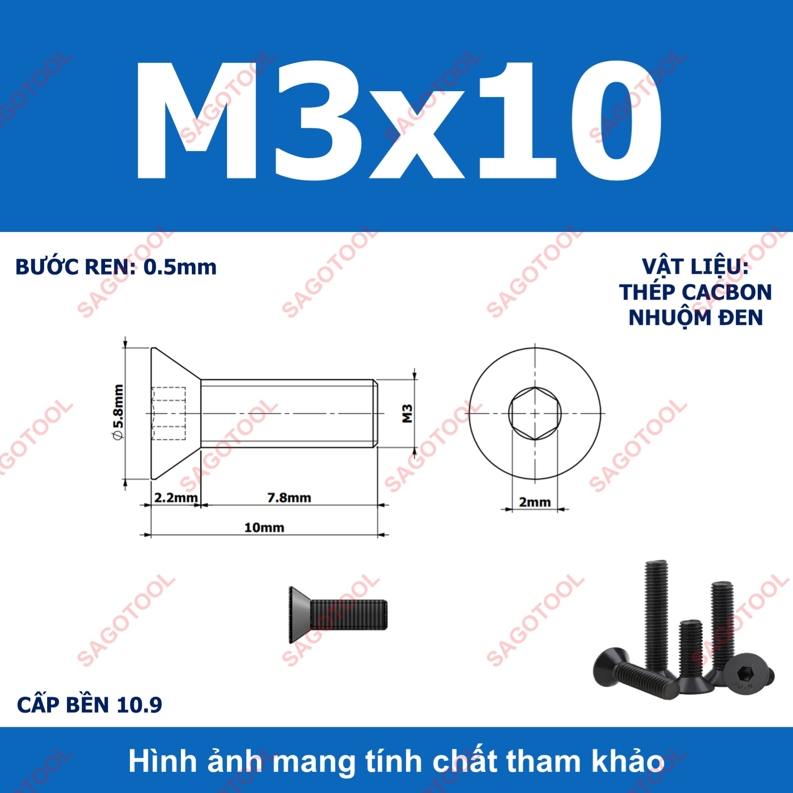 Bulong lục giác đầu bằng Thép tôi đen cấp 10.9 Size M3 M4 M5 M6 M8 - Ảnh 6