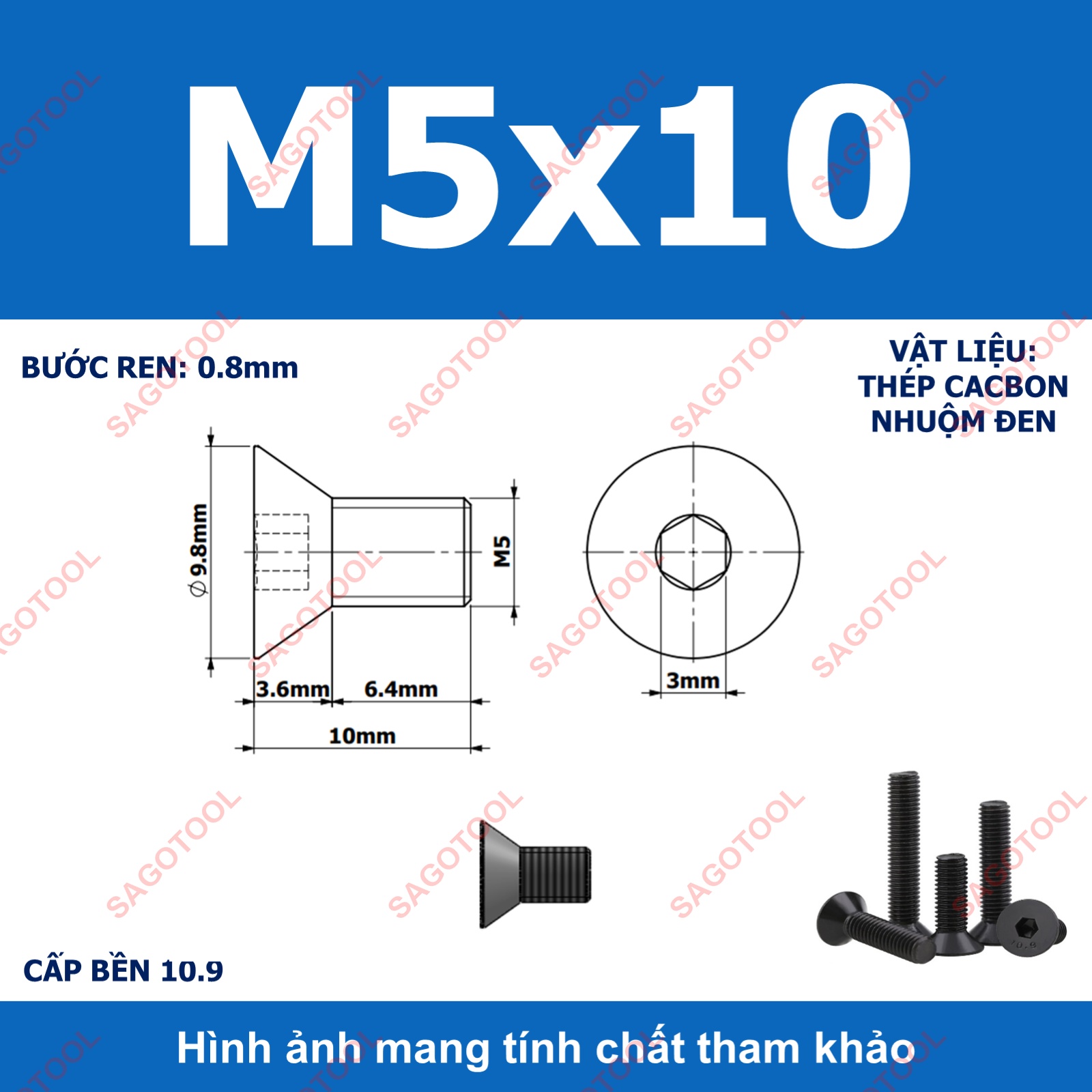 Bulong lục giác đầu bằng Thép tôi đen cấp 10.9 Size M3 M4 M5 M6 M8 - Ảnh 18