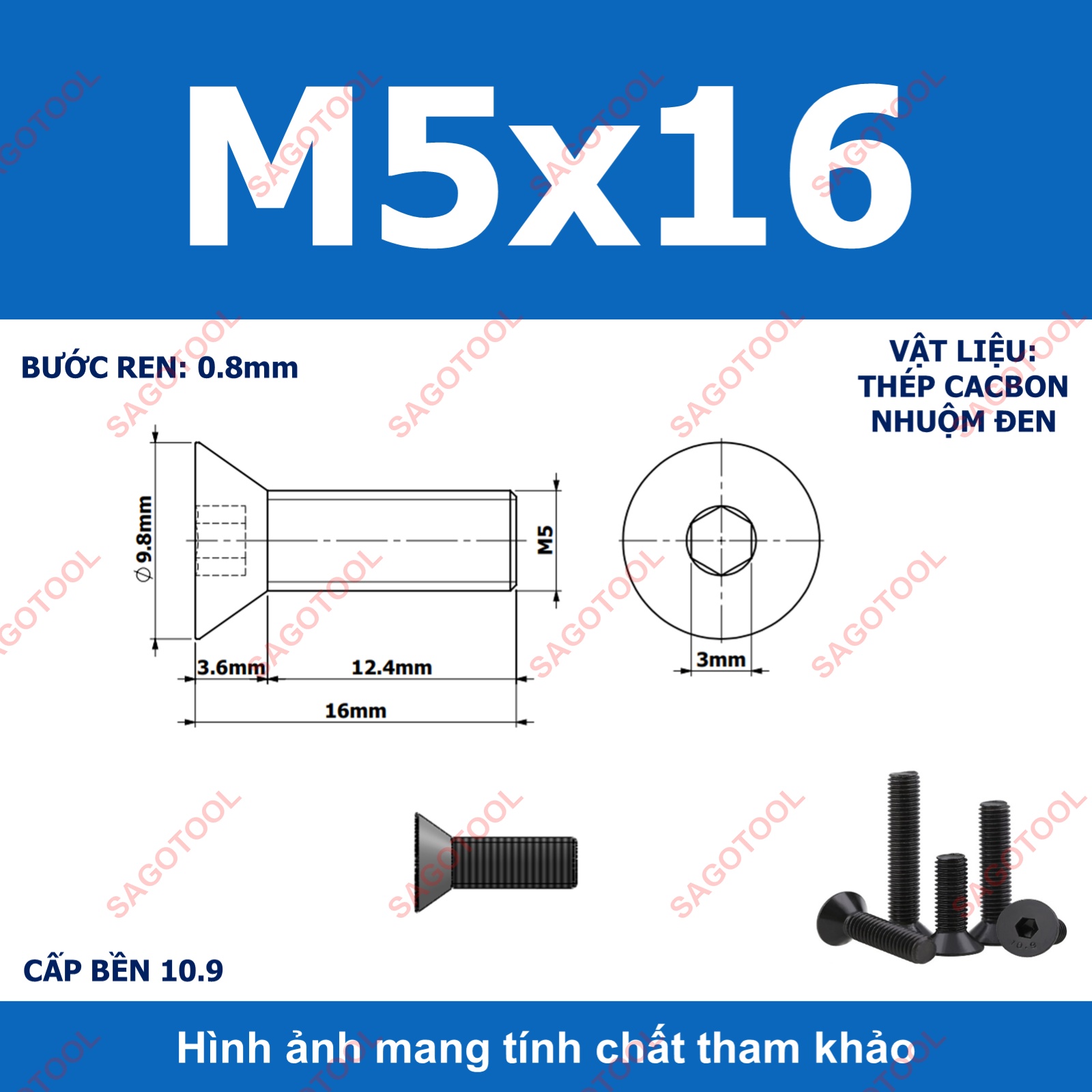 Bulong lục giác đầu bằng Thép tôi đen cấp 10.9 Size M3 M4 M5 M6 M8 - Ảnh 19
