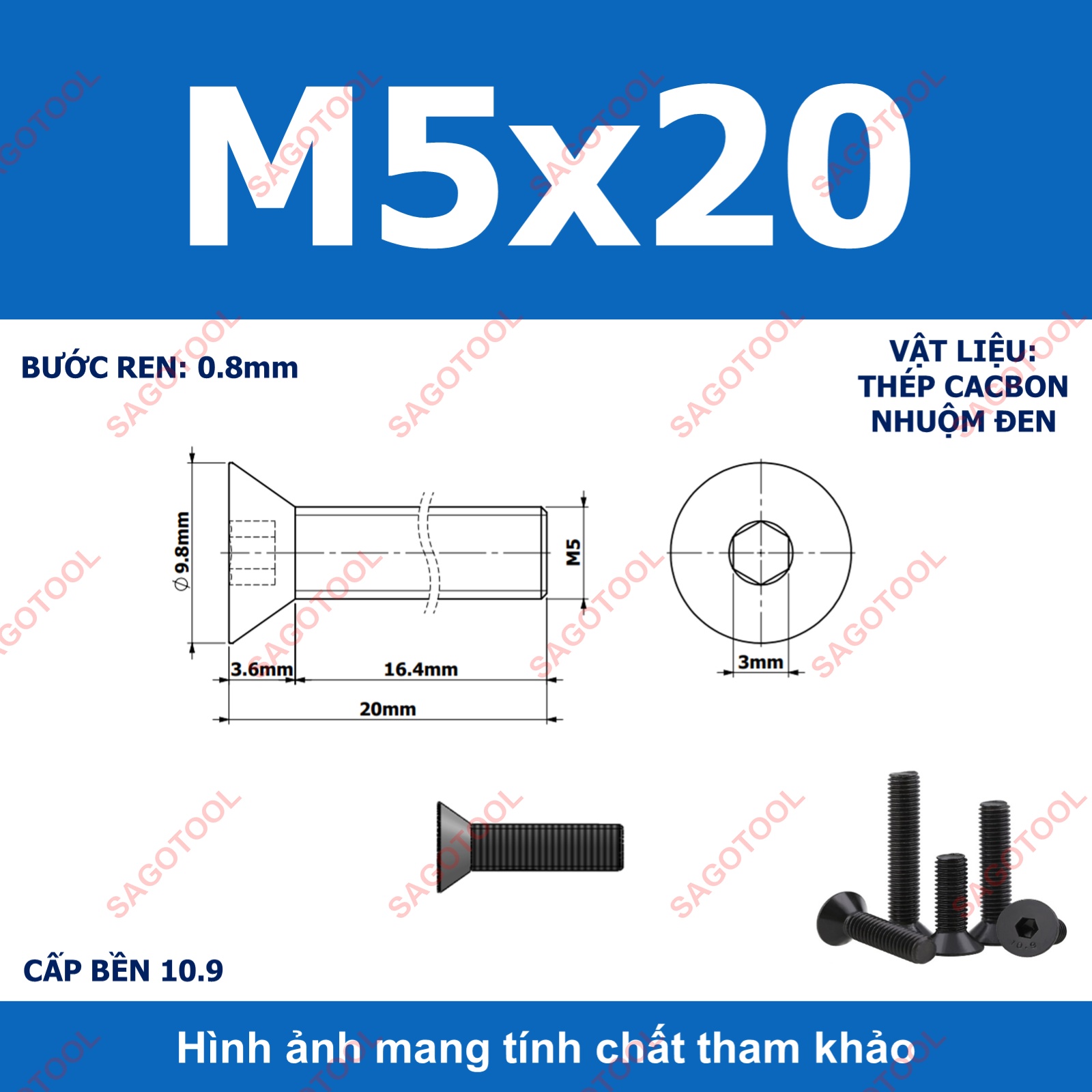 Bulong lục giác đầu bằng Thép tôi đen cấp 10.9 Size M3 M4 M5 M6 M8 - Ảnh 20