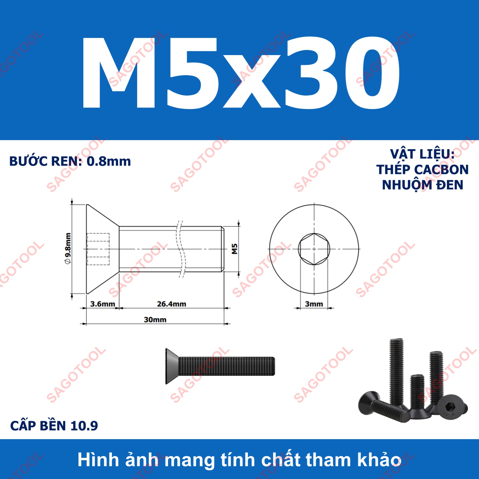 Bulong lục giác đầu bằng Thép tôi đen cấp 10.9 Size M3 M4 M5 M6 M8 - Ảnh 21