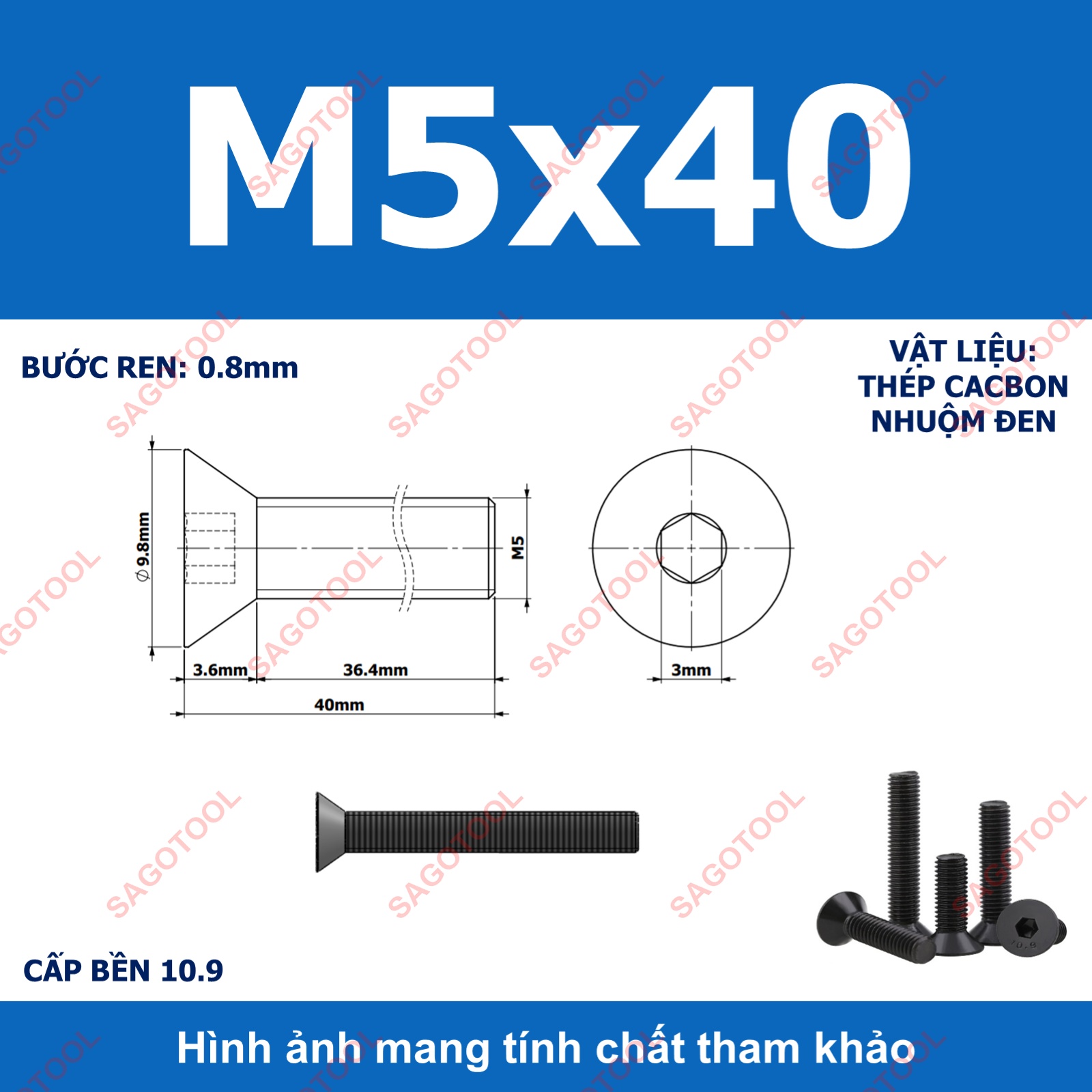 Bulong lục giác đầu bằng Thép tôi đen cấp 10.9 Size M3 M4 M5 M6 M8 - Ảnh 22