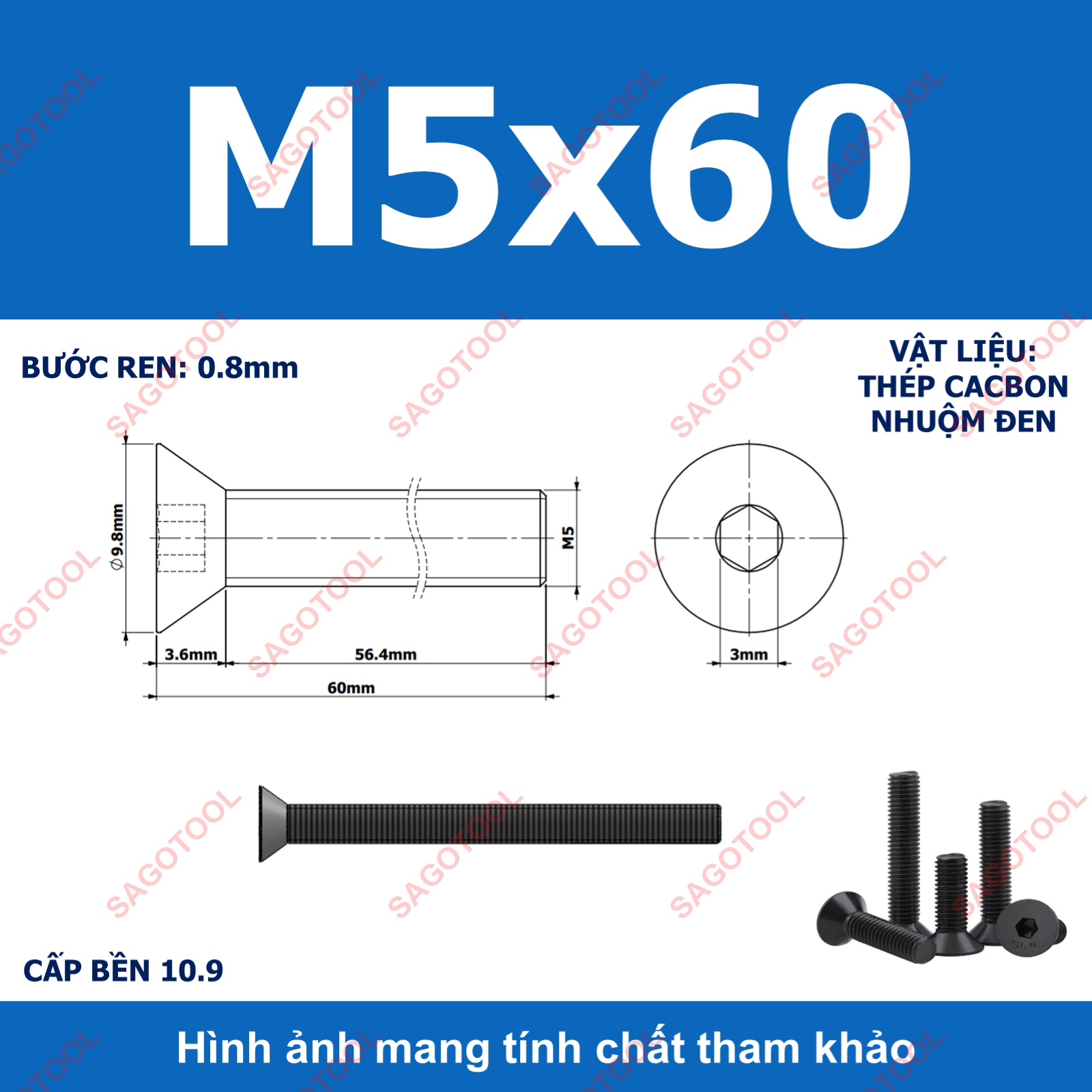 Bulong lục giác đầu bằng Thép tôi đen cấp 10.9 Size M3 M4 M5 M6 M8 - Ảnh 24