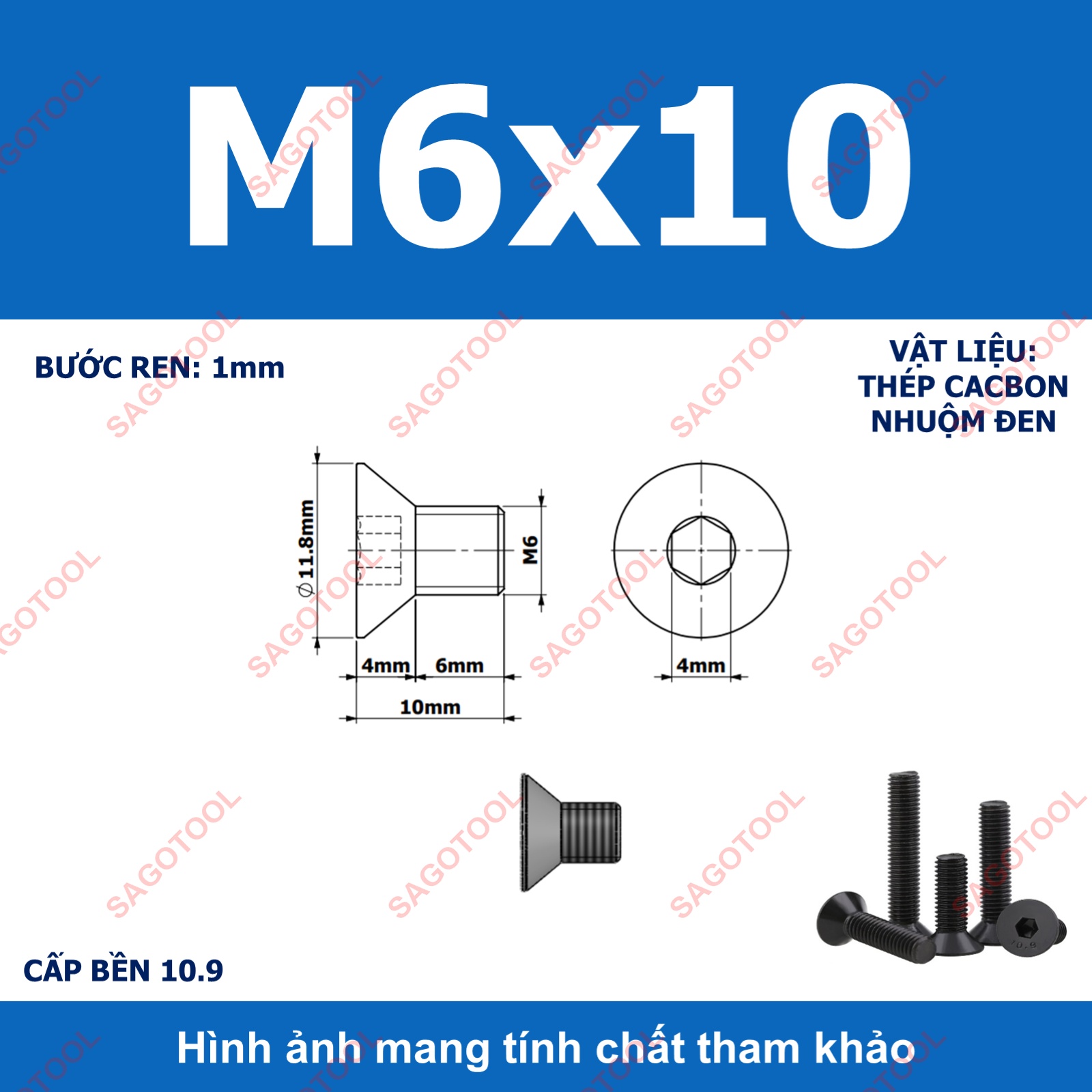 Bulong lục giác đầu bằng Thép tôi đen cấp 10.9 Size M3 M4 M5 M6 M8 - Ảnh 25