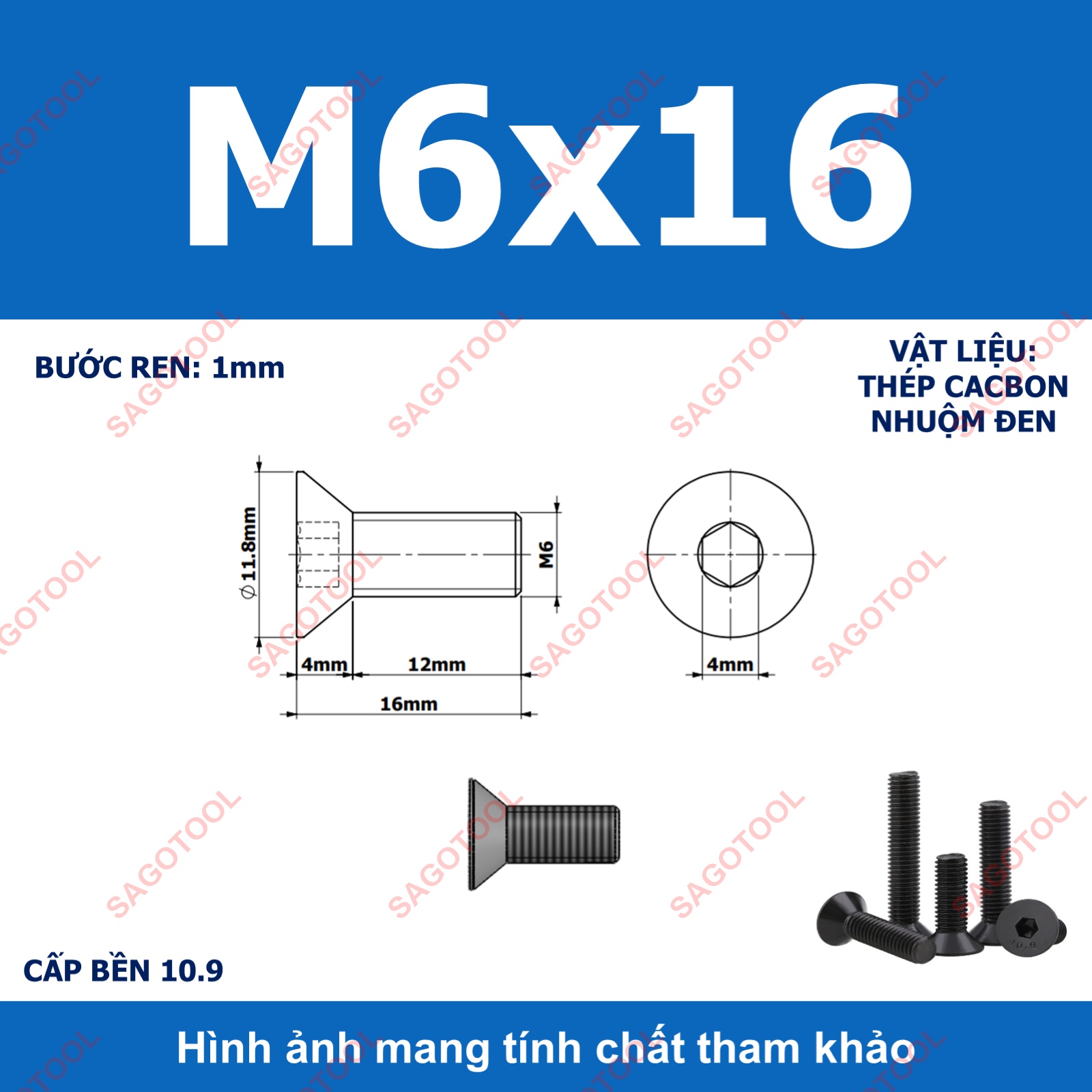 Bulong lục giác đầu bằng Thép tôi đen cấp 10.9 Size M3 M4 M5 M6 M8 - Ảnh 26