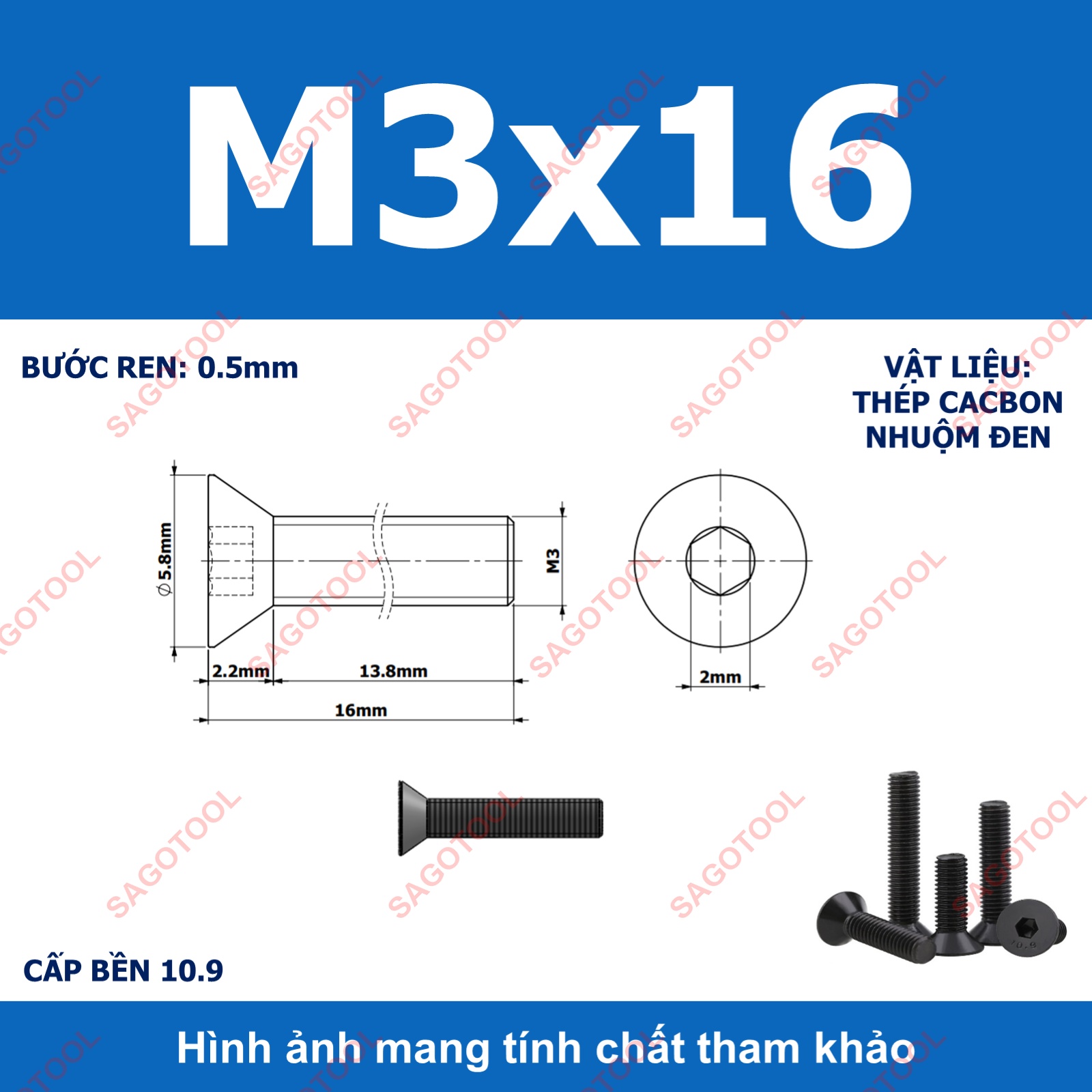 Bulong lục giác đầu bằng Thép tôi đen cấp 10.9 Size M3 M4 M5 M6 M8 - Ảnh 7