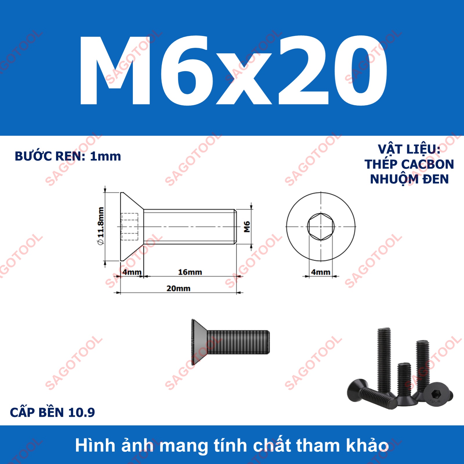 Bulong lục giác đầu bằng Thép tôi đen cấp 10.9 Size M3 M4 M5 M6 M8 - Ảnh 27