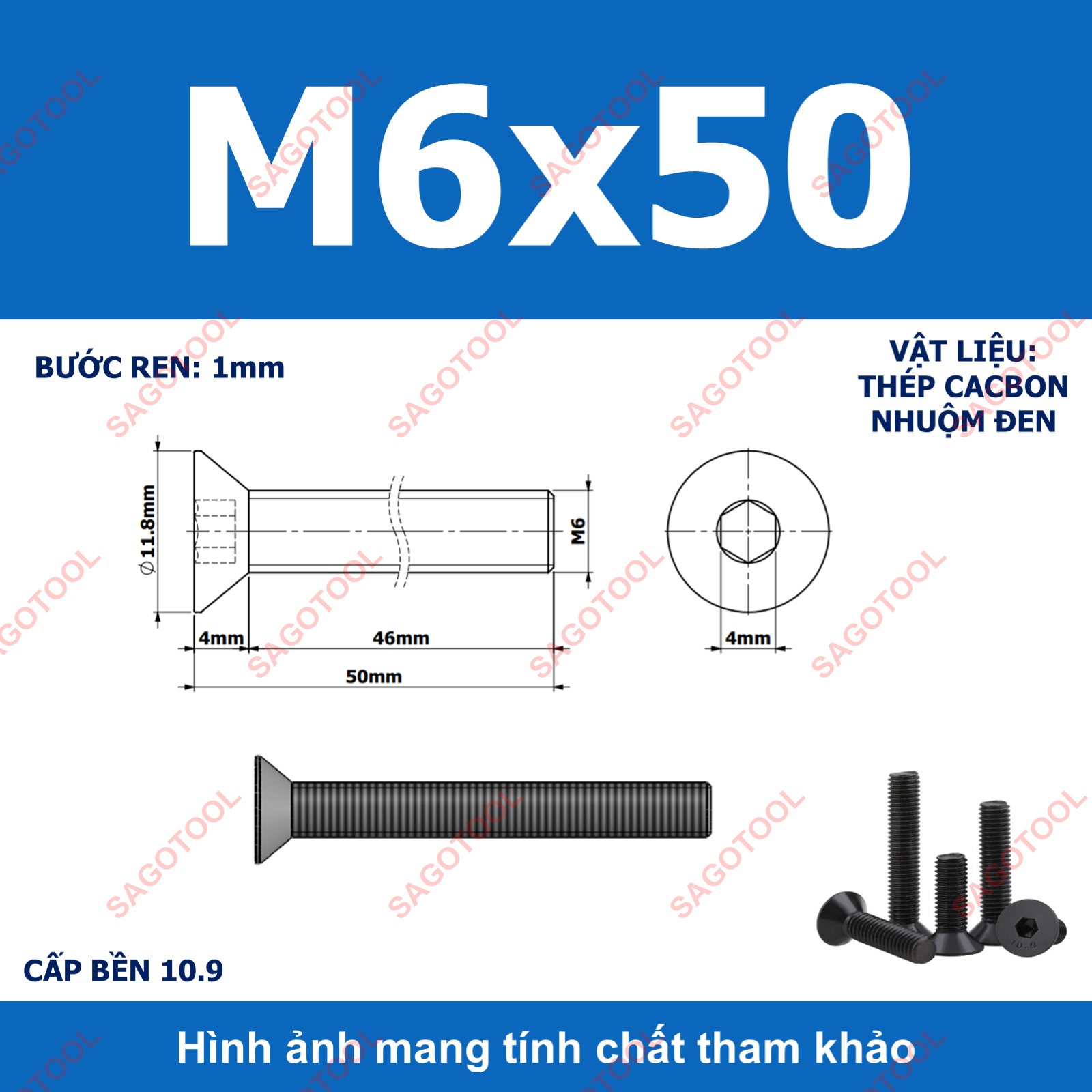 Bulong lục giác đầu bằng Thép tôi đen cấp 10.9 Size M3 M4 M5 M6 M8 - Ảnh 30