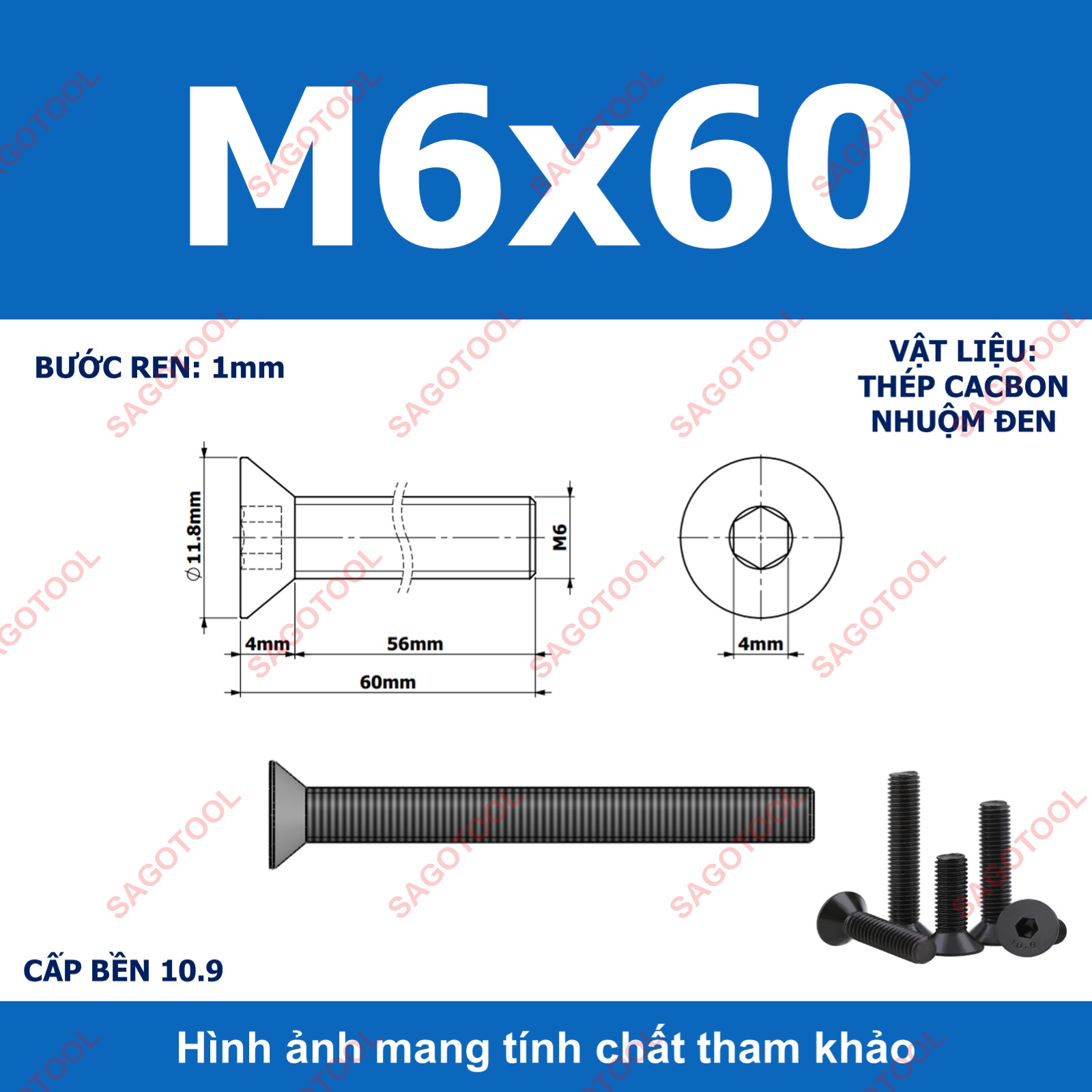 Bulong lục giác đầu bằng Thép tôi đen cấp 10.9 Size M3 M4 M5 M6 M8 - Ảnh 31