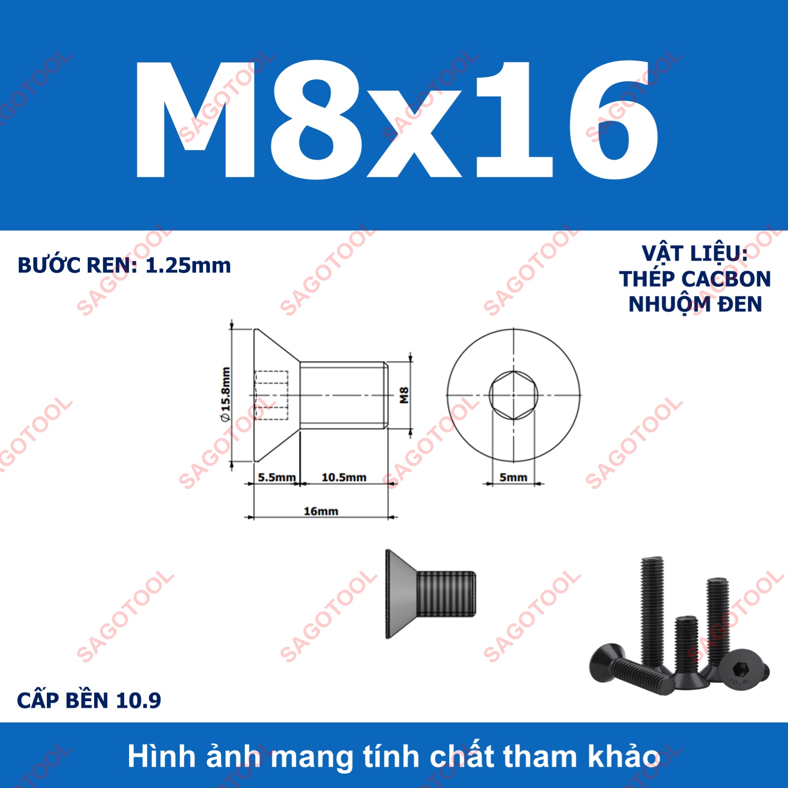 Bulong lục giác đầu bằng Thép tôi đen cấp 10.9 Size M3 M4 M5 M6 M8 - Ảnh 33