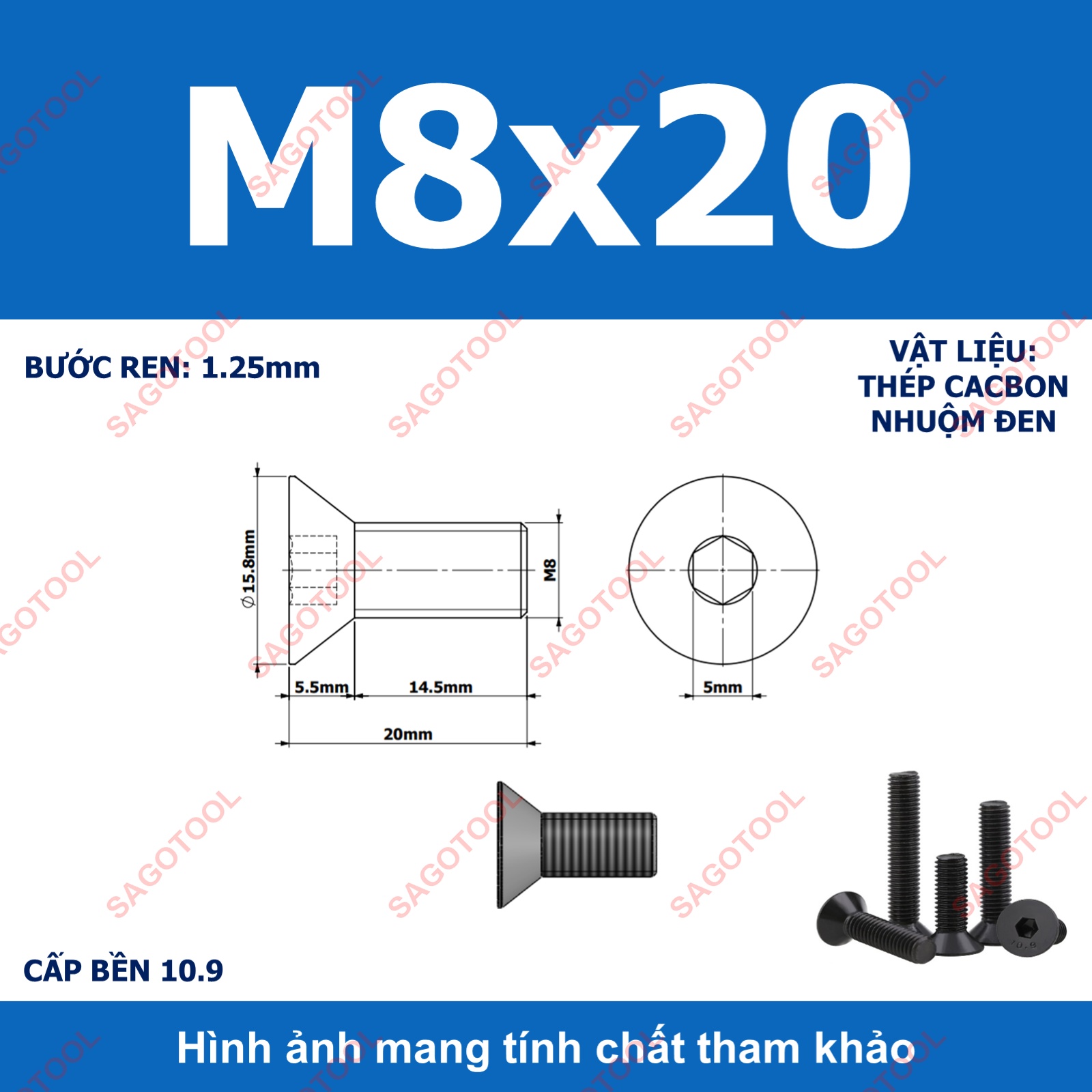 Bulong lục giác đầu bằng Thép tôi đen cấp 10.9 Size M3 M4 M5 M6 M8 - Ảnh 34