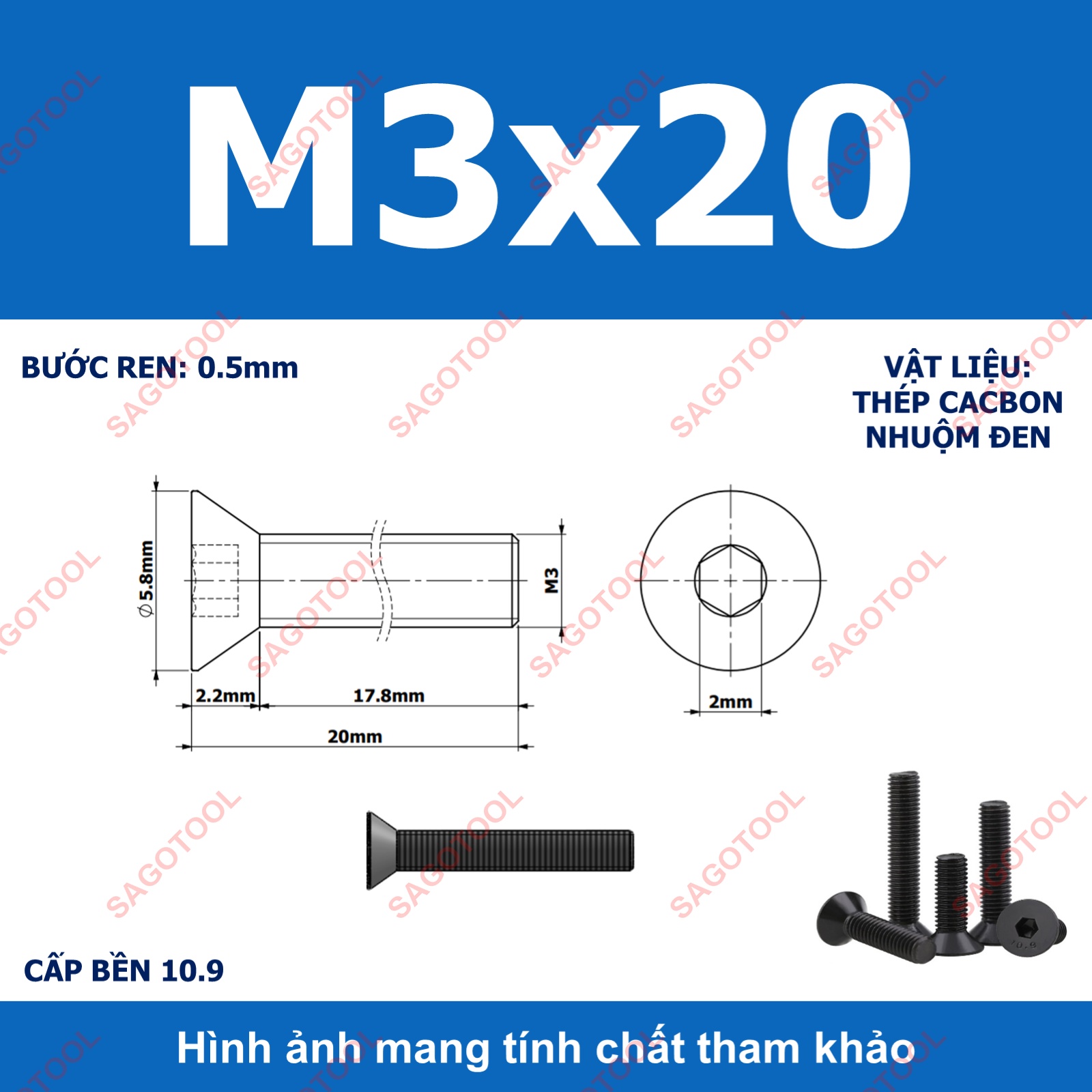 Bulong lục giác đầu bằng Thép tôi đen cấp 10.9 Size M3 M4 M5 M6 M8 - Ảnh 8