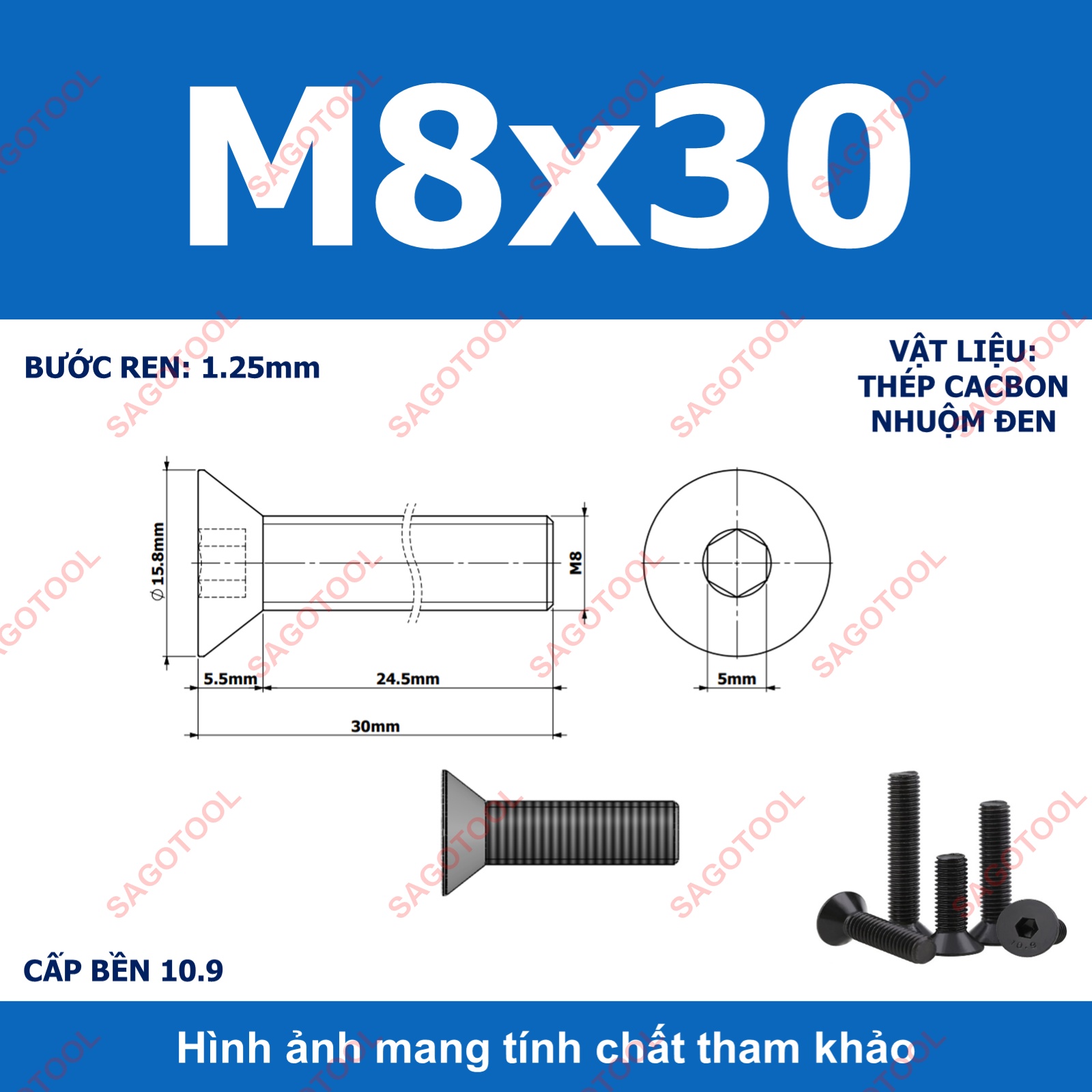 Bulong lục giác đầu bằng Thép tôi đen cấp 10.9 Size M3 M4 M5 M6 M8 - Ảnh 35