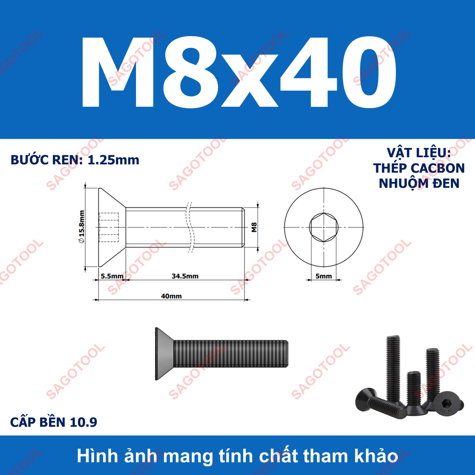 Bulong lục giác đầu bằng Thép tôi đen cấp 10.9 Size M3 M4 M5 M6 M8 - Ảnh 36