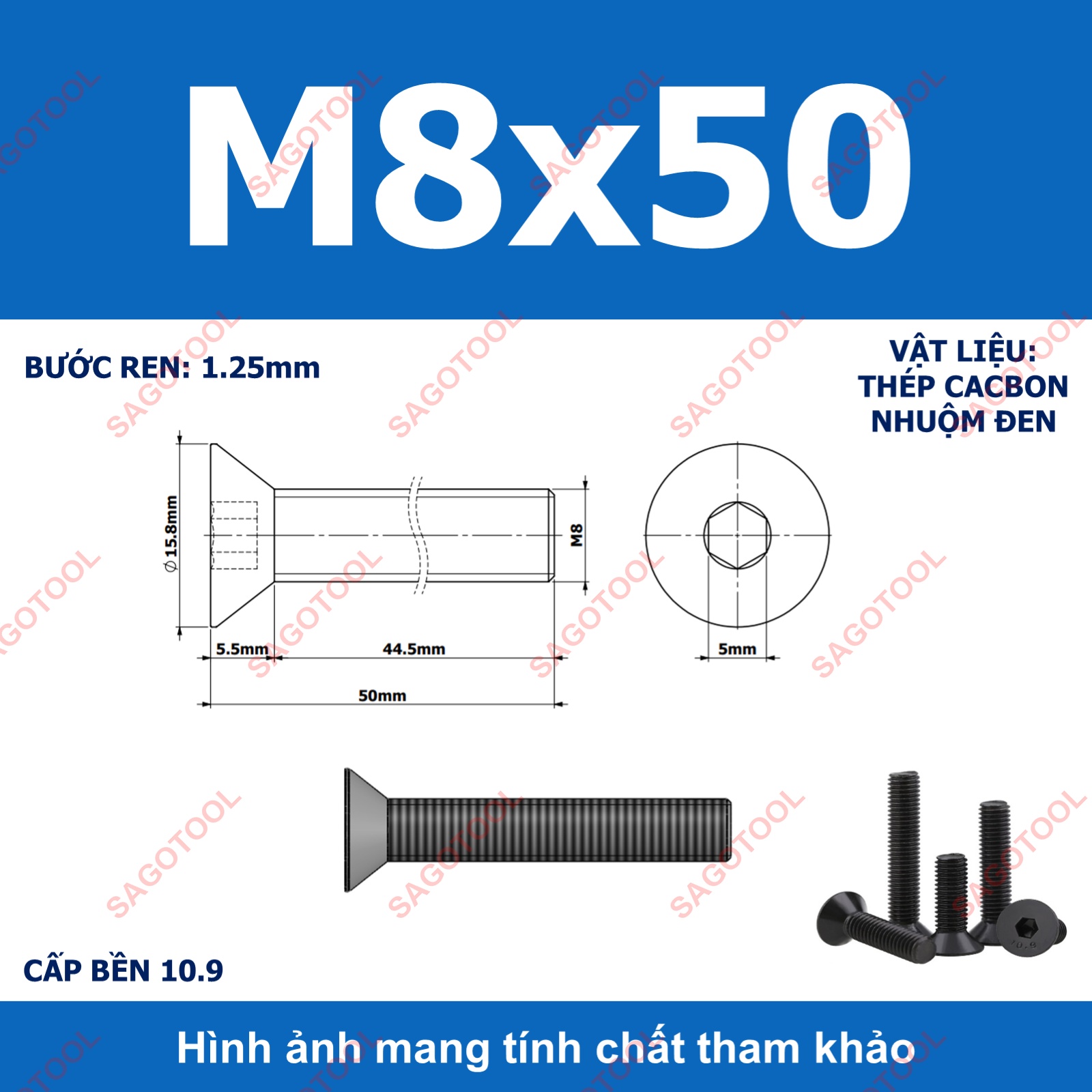 Bulong lục giác đầu bằng Thép tôi đen cấp 10.9 Size M3 M4 M5 M6 M8 - Ảnh 37