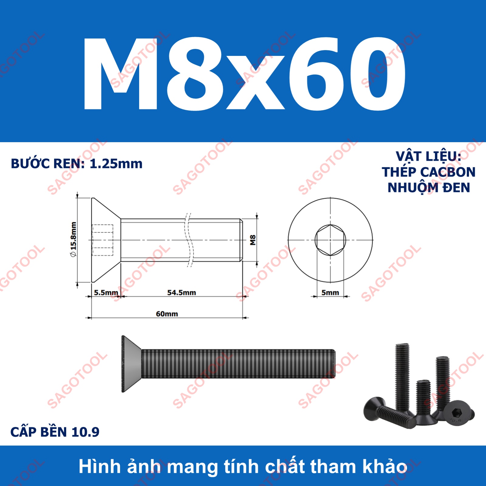 Bulong lục giác đầu bằng Thép tôi đen cấp 10.9 Size M3 M4 M5 M6 M8 - Ảnh 38