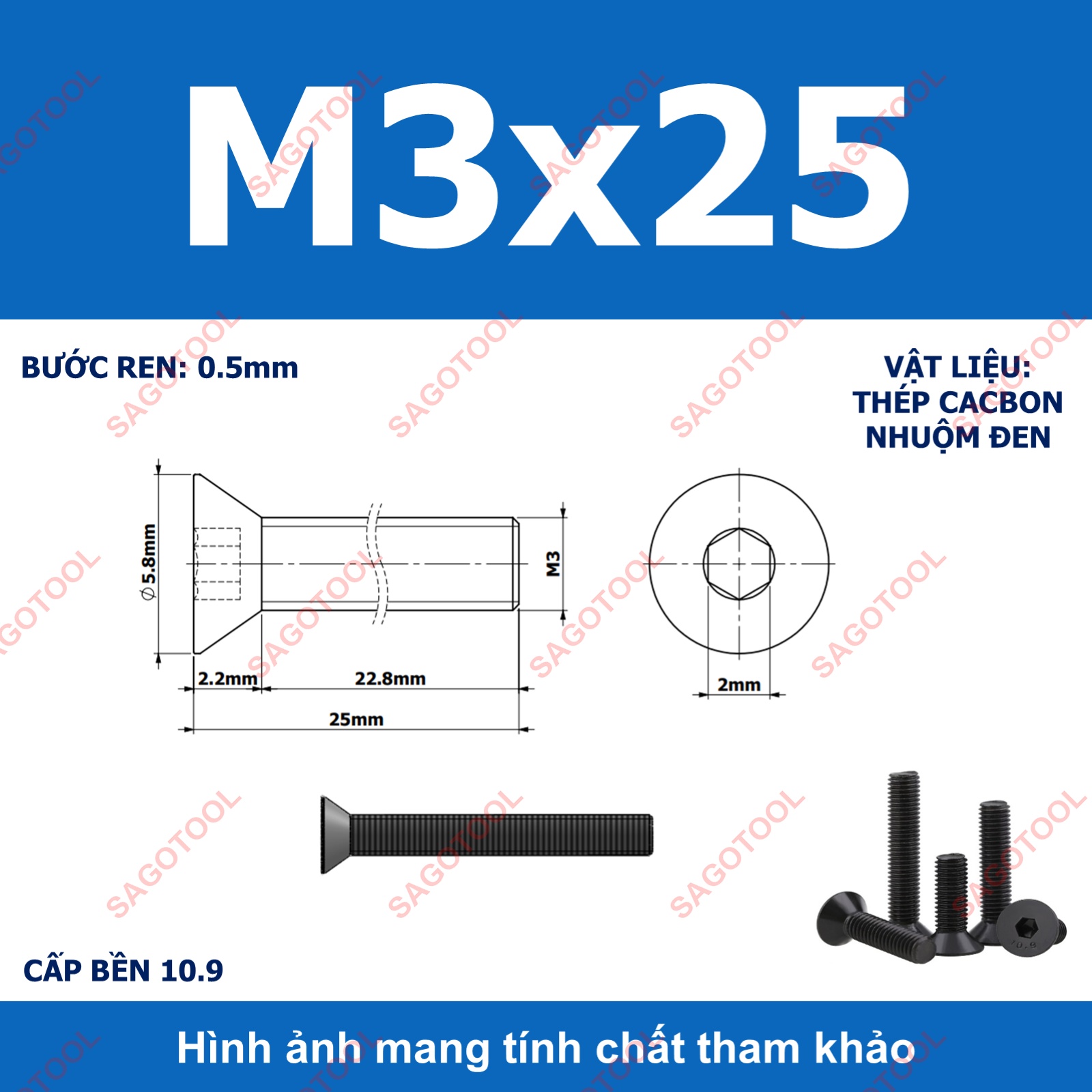 Bulong lục giác đầu bằng Thép tôi đen cấp 10.9 Size M3 M4 M5 M6 M8 - Ảnh 9