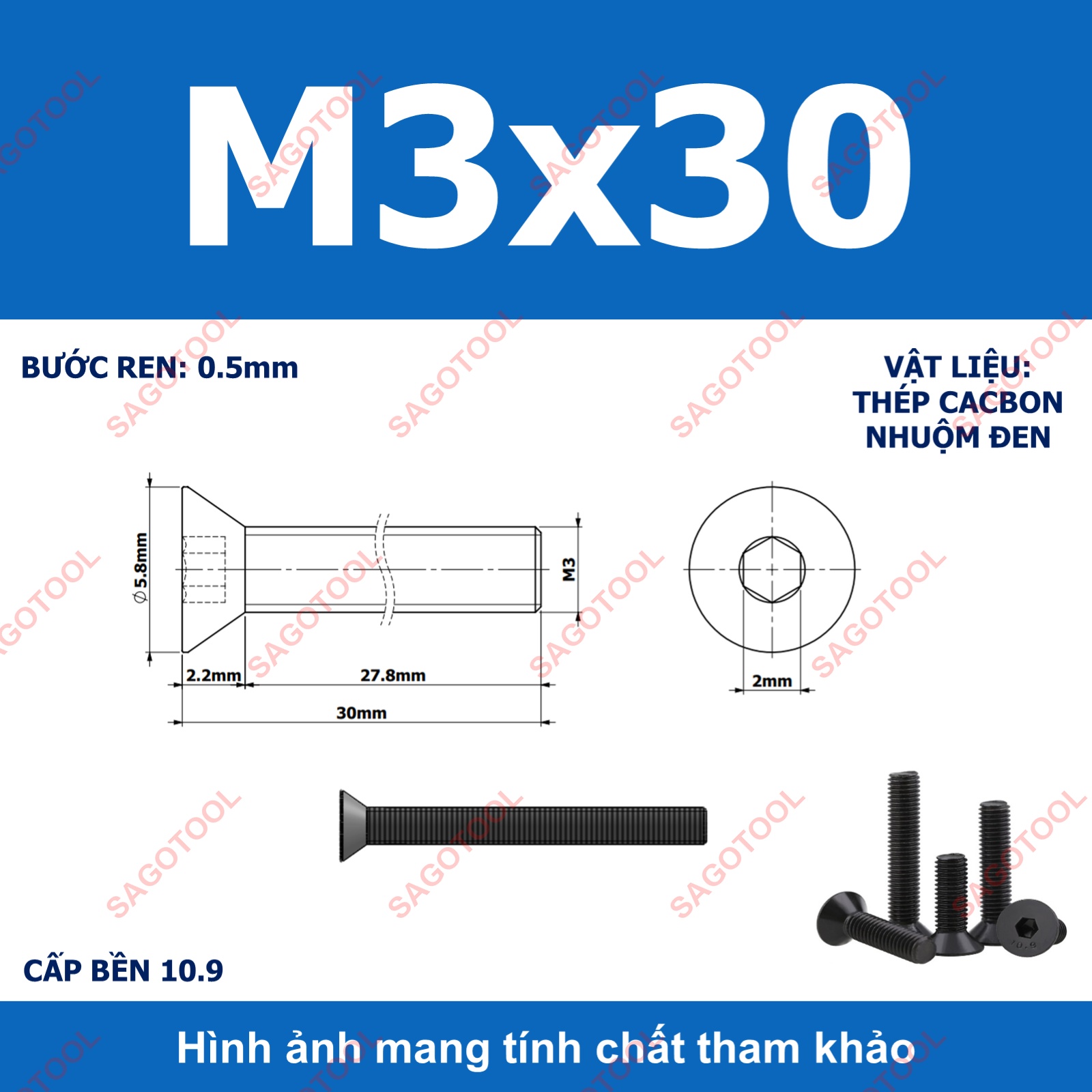 Bulong lục giác đầu bằng Thép tôi đen cấp 10.9 Size M3 M4 M5 M6 M8 - Ảnh 10