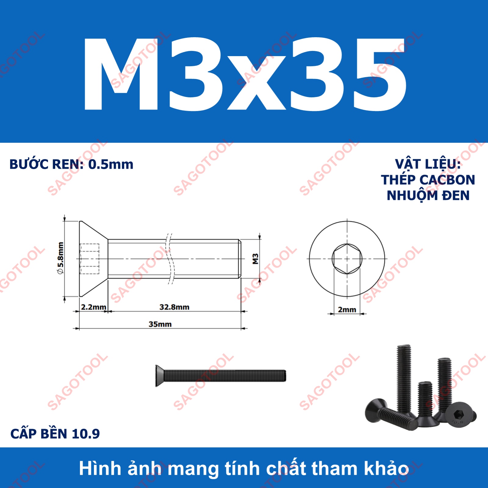 Bulong lục giác đầu bằng Thép tôi đen cấp 10.9 Size M3 M4 M5 M6 M8 - Ảnh 11