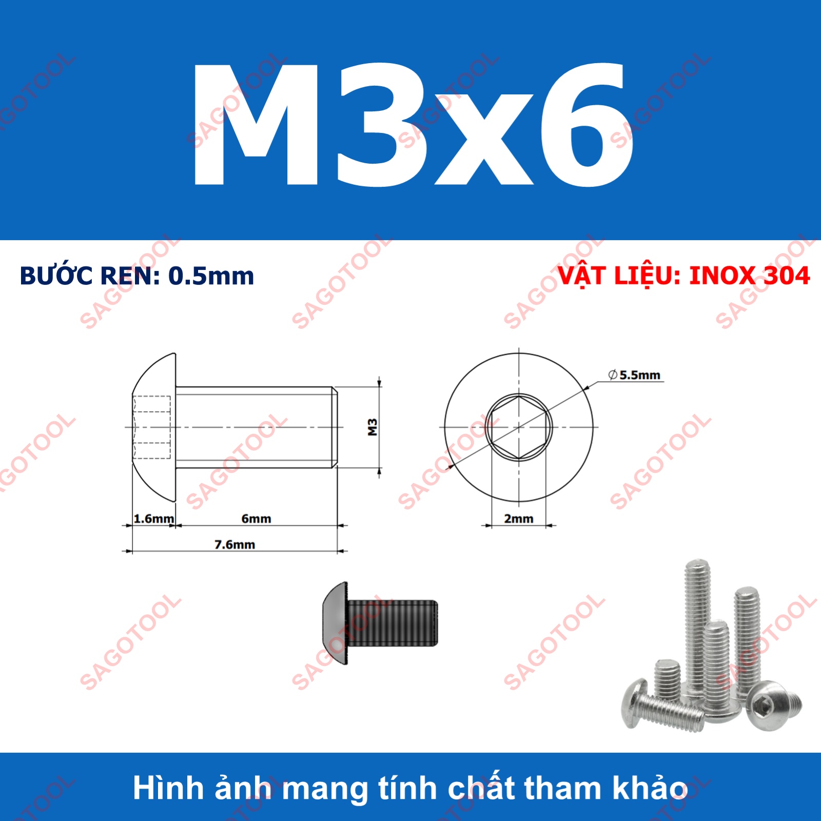 Ốc vít inox, Bulong inox lục giác đầu dù Inox 304 M3 M4 M5 M6 M8 (10 Con) - Ảnh 2
