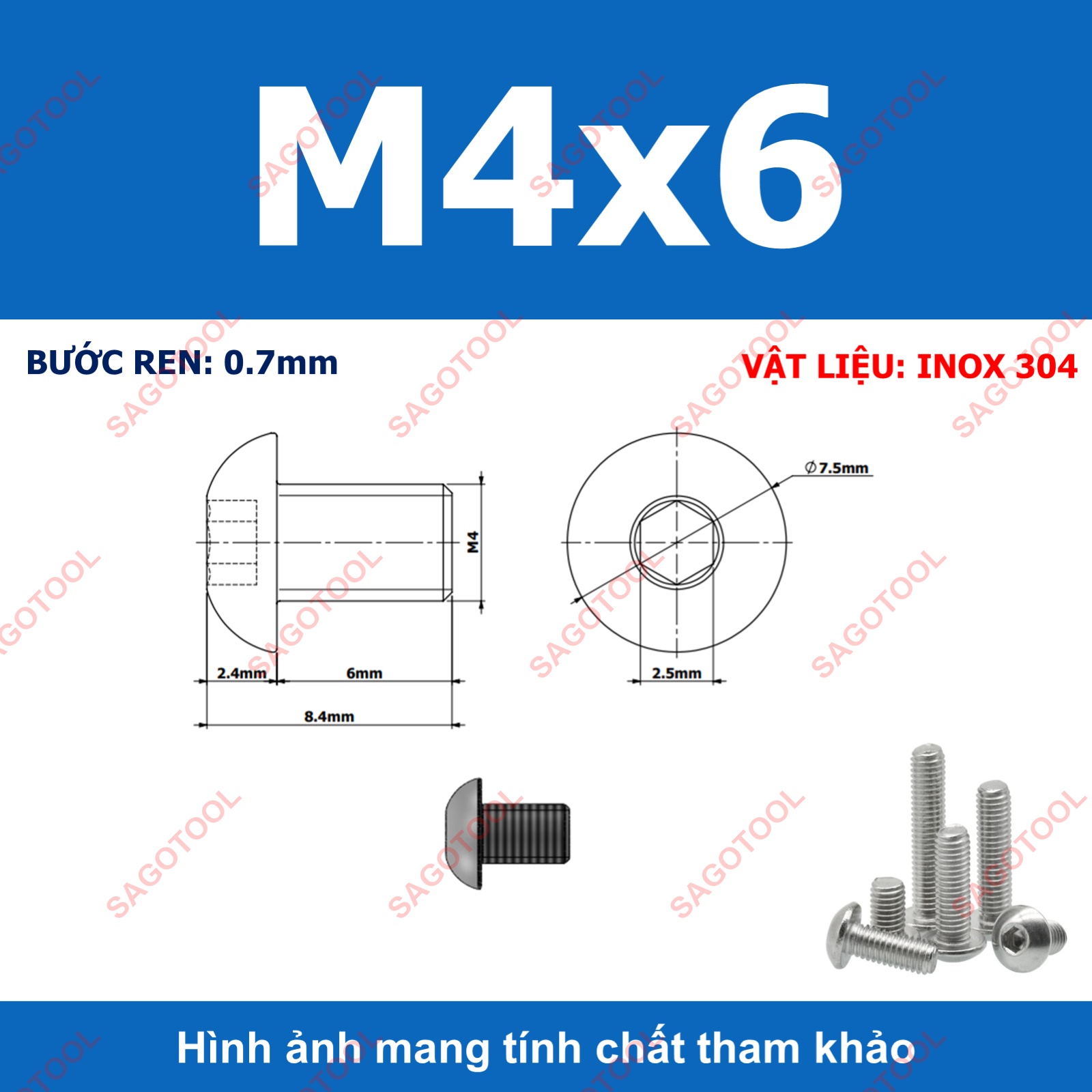 Ốc vít inox, Bulong inox lục giác đầu dù Inox 304 M3 M4 M5 M6 M8 (10 Con) - Ảnh 8