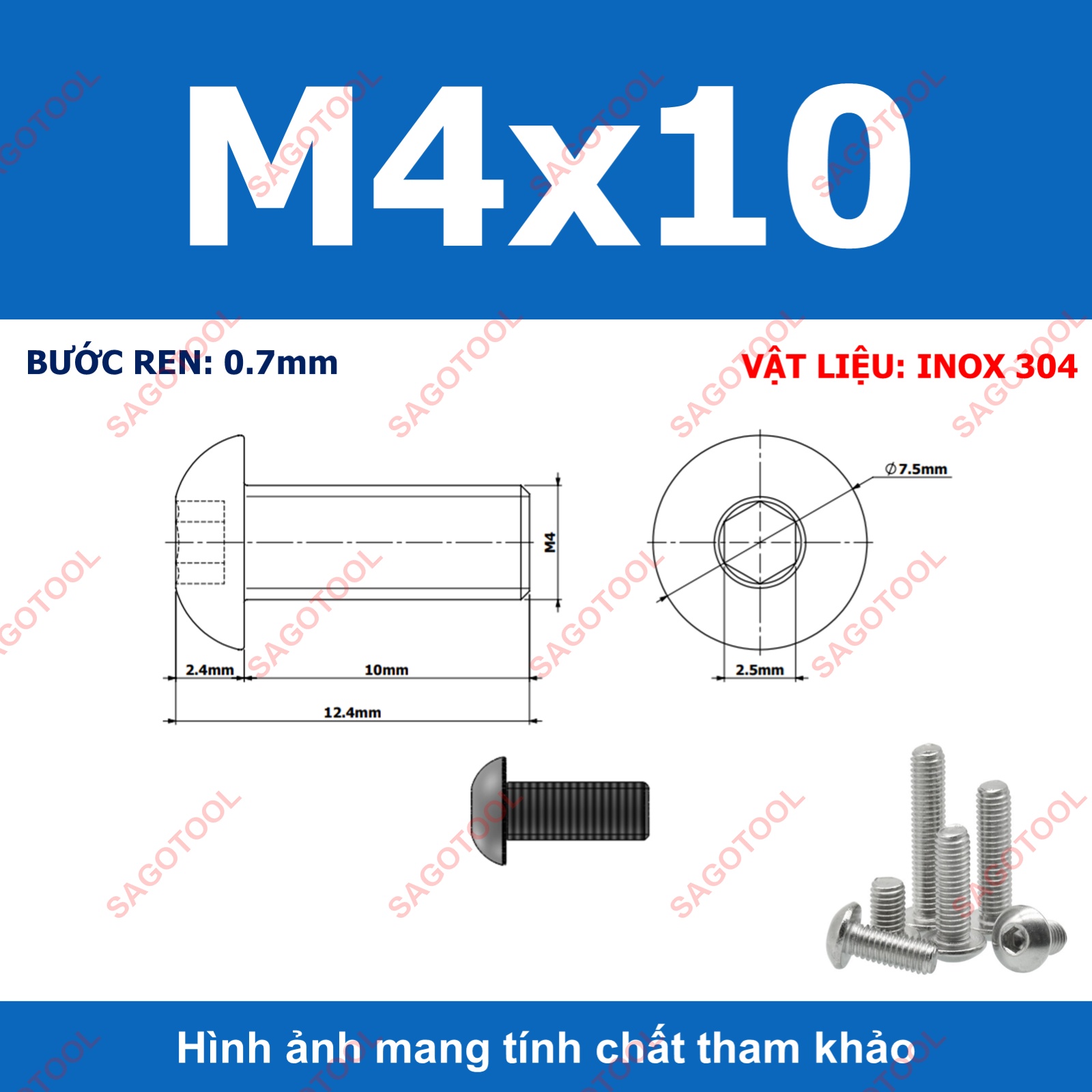 Ốc vít inox, Bulong inox lục giác đầu dù Inox 304 M3 M4 M5 M6 M8 (10 Con) - Ảnh 9