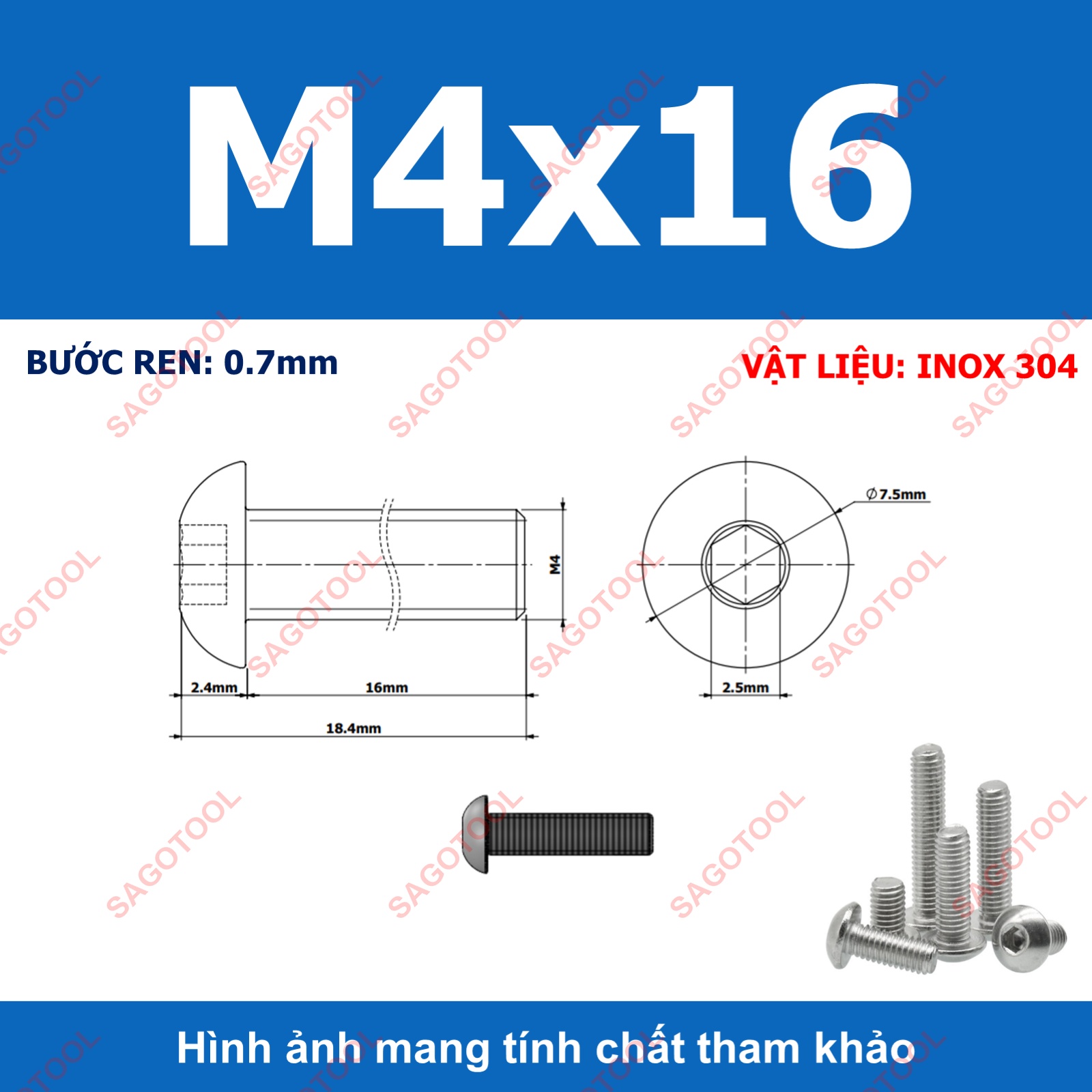 Ốc vít inox, Bulong inox lục giác đầu dù Inox 304 M3 M4 M5 M6 M8 (10 Con) - Ảnh 10