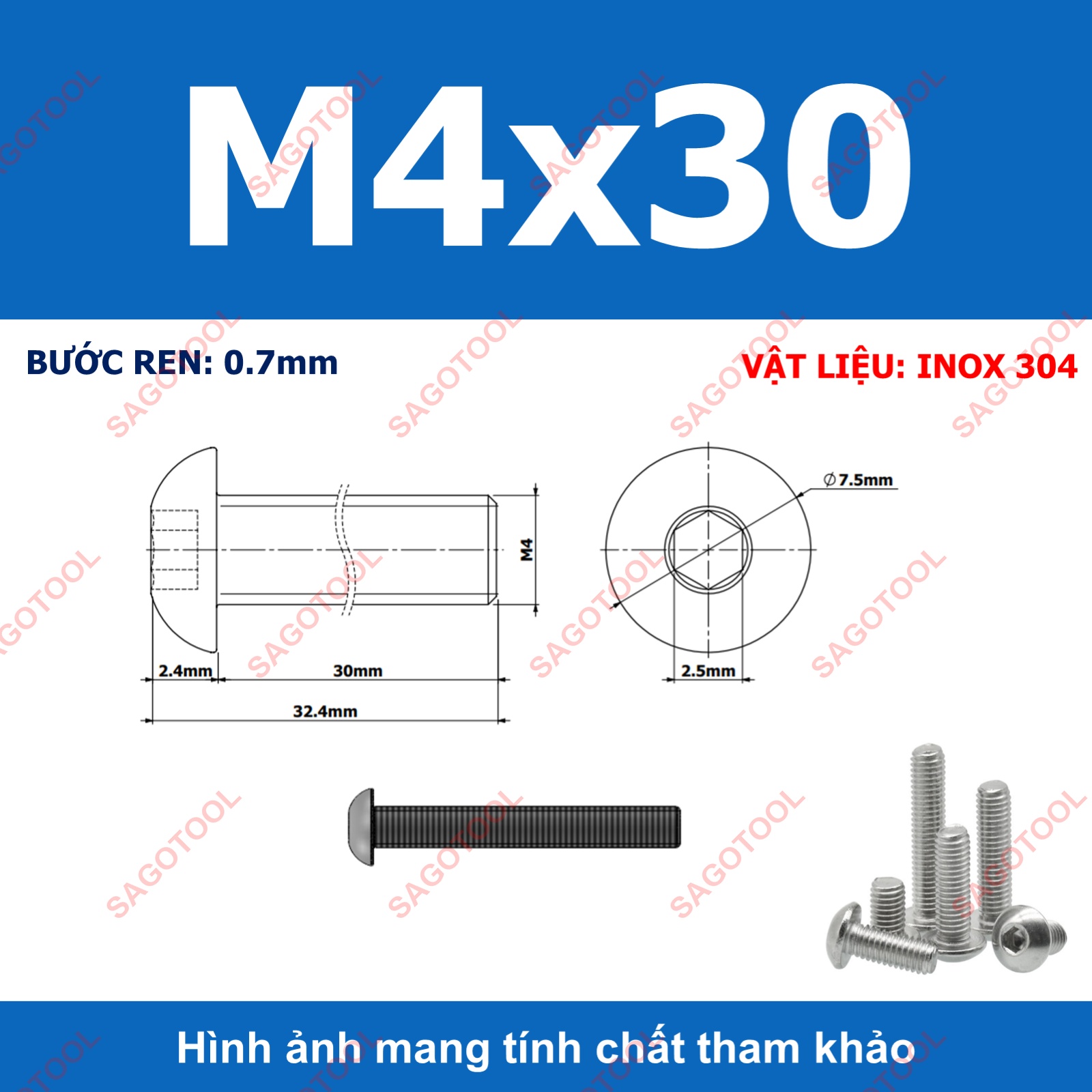 Ốc vít inox, Bulong inox lục giác đầu dù Inox 304 M3 M4 M5 M6 M8 (10 Con) - Ảnh 12