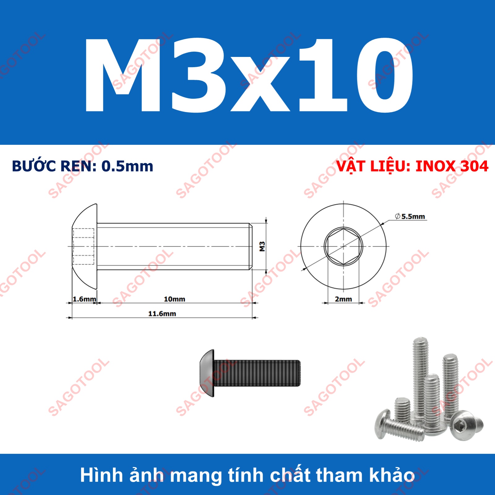 Ốc vít inox, Bulong inox lục giác đầu dù Inox 304 M3 M4 M5 M6 M8 (10 Con) - Ảnh 3