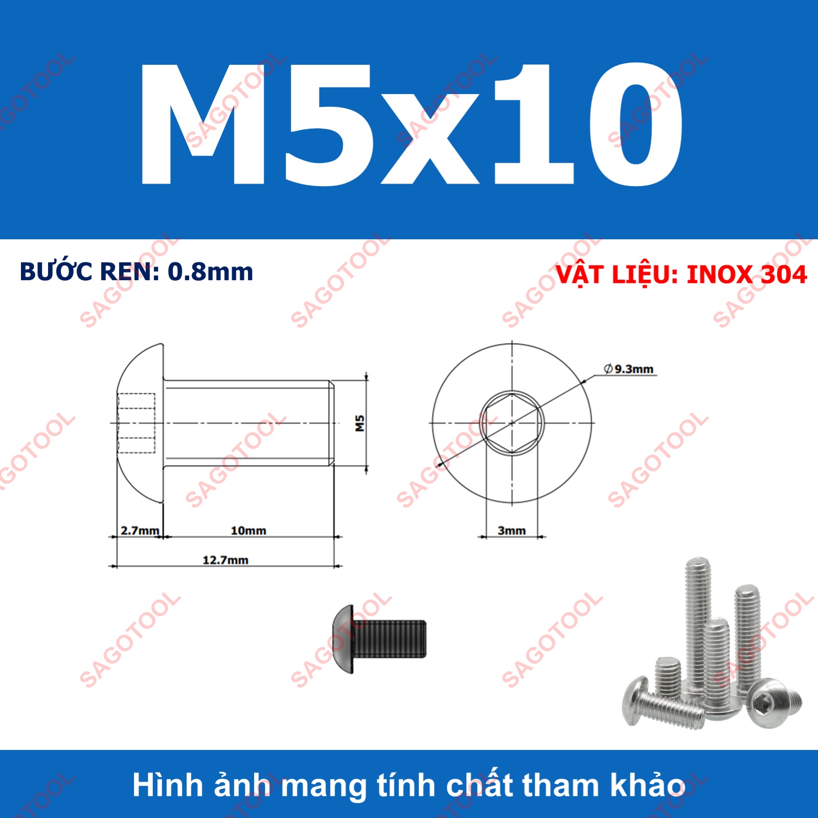 Ốc vít inox, Bulong inox lục giác đầu dù Inox 304 M3 M4 M5 M6 M8 (10 Con) - Ảnh 14