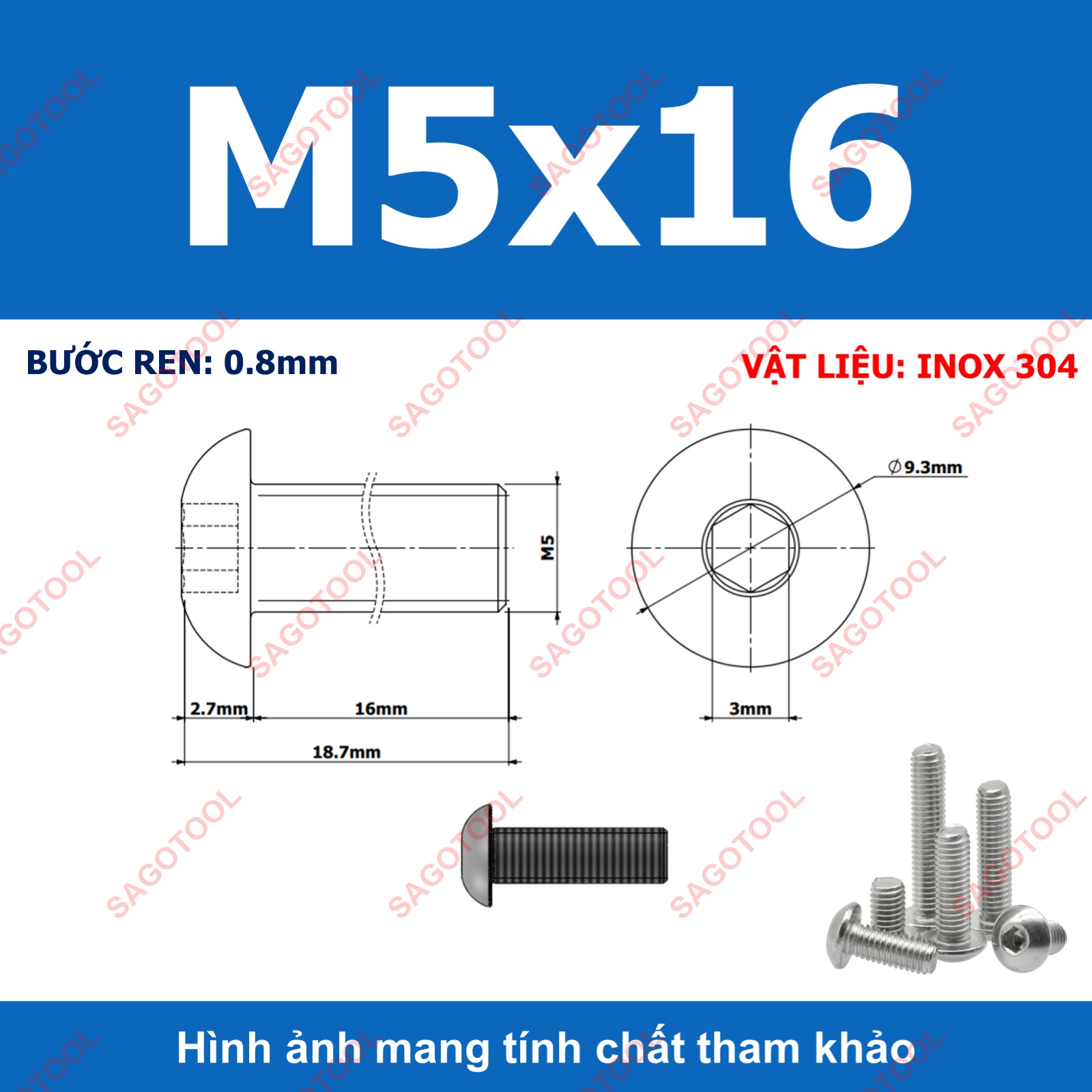 Ốc vít inox, Bulong inox lục giác đầu dù Inox 304 M3 M4 M5 M6 M8 (10 Con) - Ảnh 15