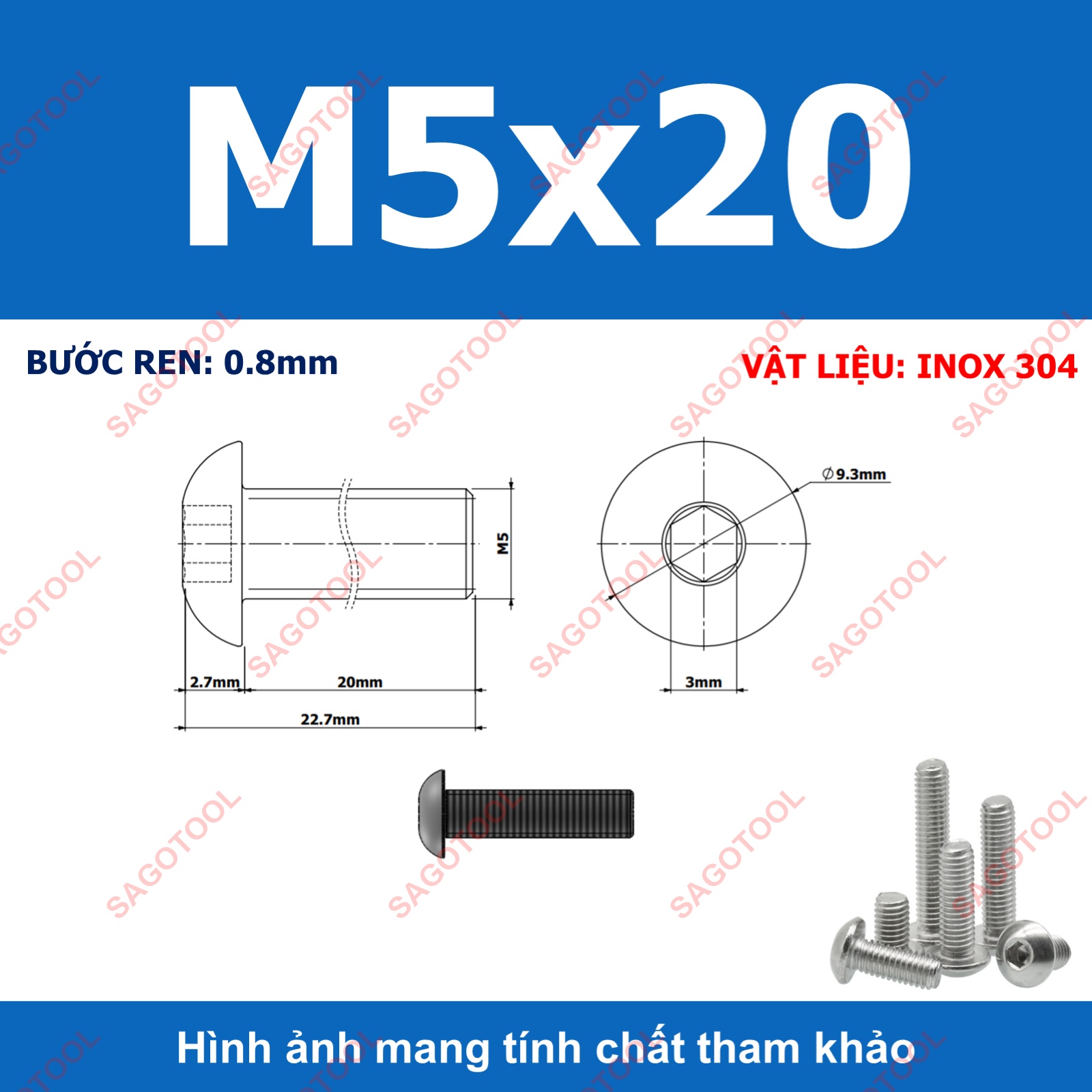 Ốc vít inox, Bulong inox lục giác đầu dù Inox 304 M3 M4 M5 M6 M8 (10 Con) - Ảnh 16