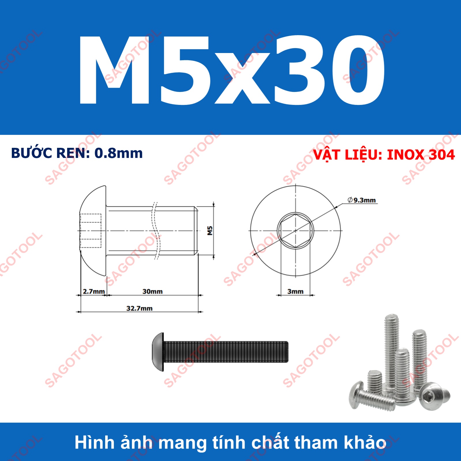 Ốc vít inox, Bulong inox lục giác đầu dù Inox 304 M3 M4 M5 M6 M8 (10 Con) - Ảnh 17