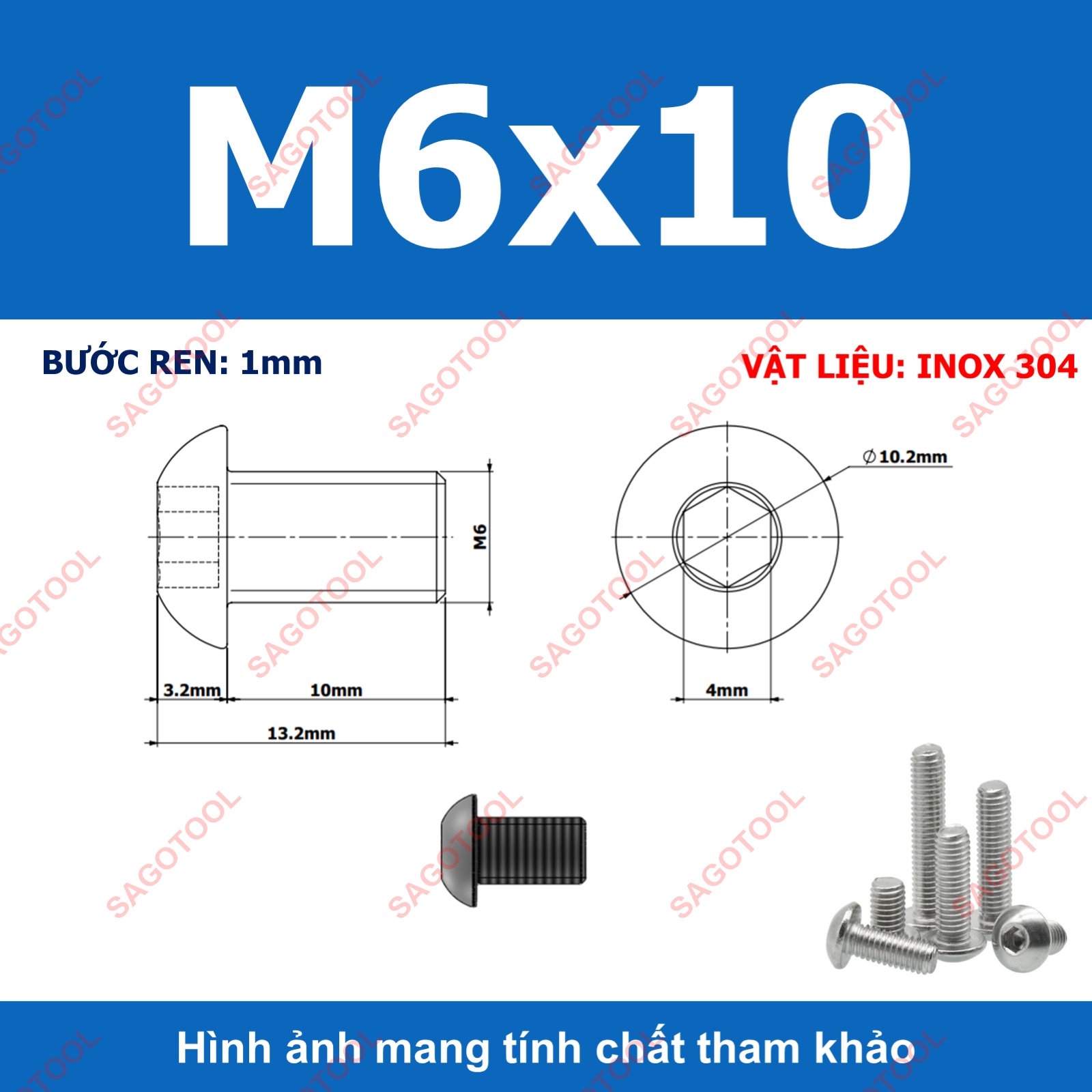 Ốc vít inox, Bulong inox lục giác đầu dù Inox 304 M3 M4 M5 M6 M8 (10 Con) - Ảnh 19
