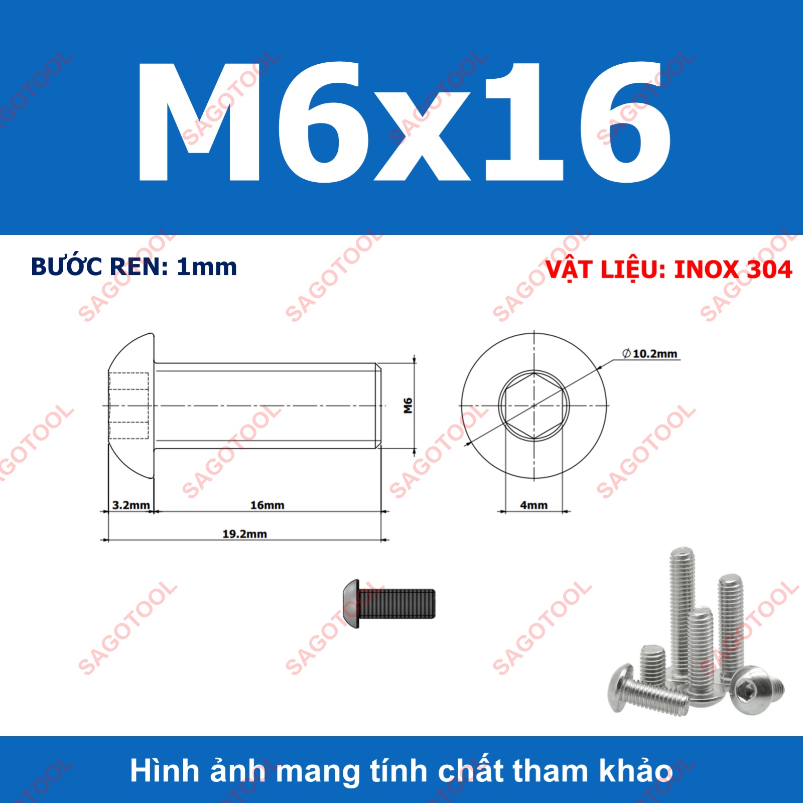 Ốc vít inox, Bulong inox lục giác đầu dù Inox 304 M3 M4 M5 M6 M8 (10 Con) - Ảnh 20