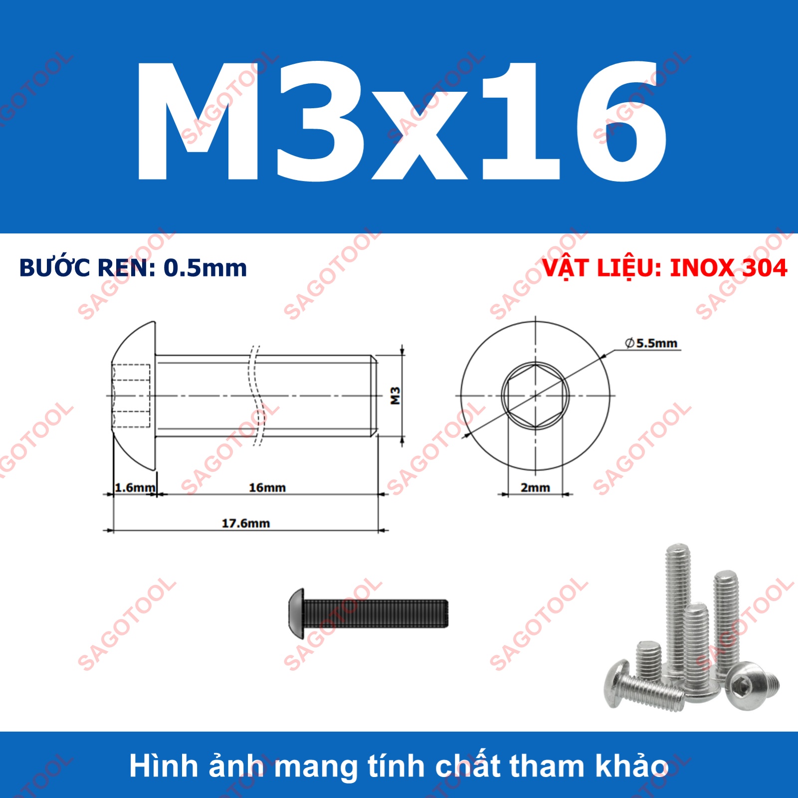 Ốc vít inox, Bulong inox lục giác đầu dù Inox 304 M3 M4 M5 M6 M8 (10 Con) - Ảnh 4