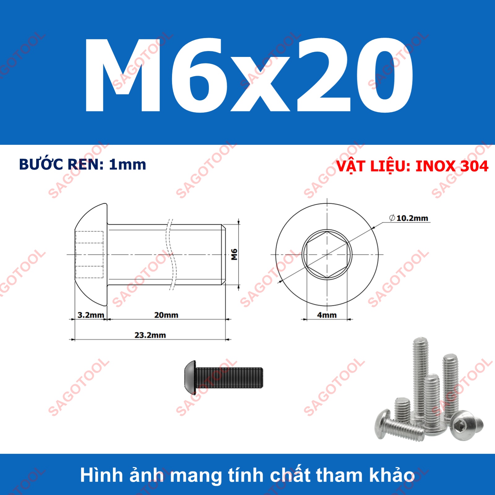 Ốc vít inox, Bulong inox lục giác đầu dù Inox 304 M3 M4 M5 M6 M8 (10 Con) - Ảnh 21