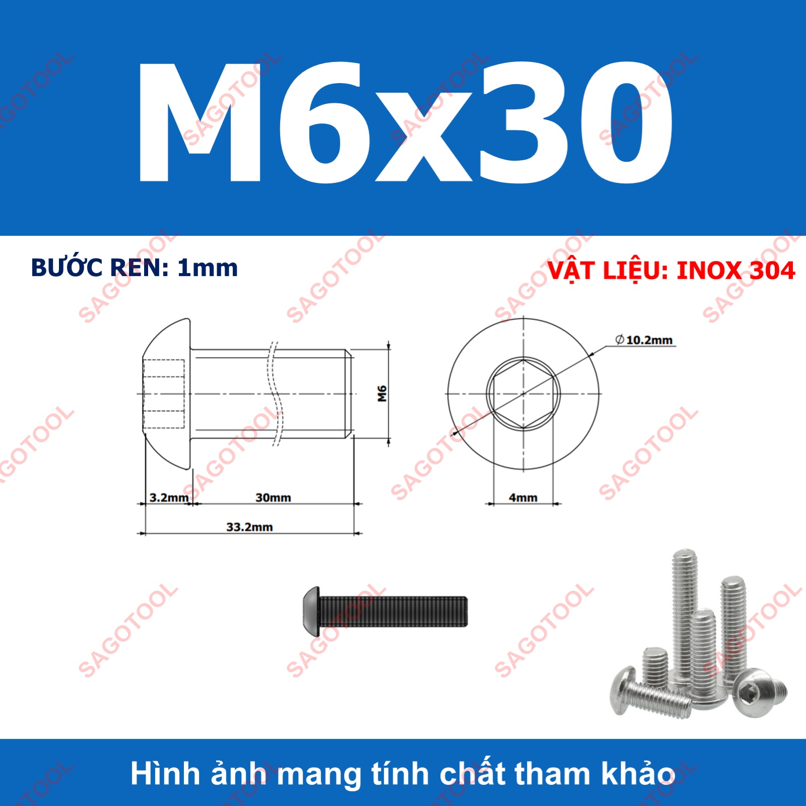 Ốc vít inox, Bulong inox lục giác đầu dù Inox 304 M3 M4 M5 M6 M8 (10 Con) - Ảnh 22