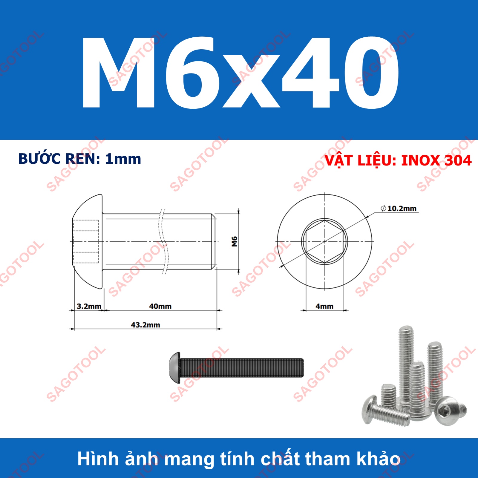 Ốc vít inox, Bulong inox lục giác đầu dù Inox 304 M3 M4 M5 M6 M8 (10 Con) - Ảnh 23