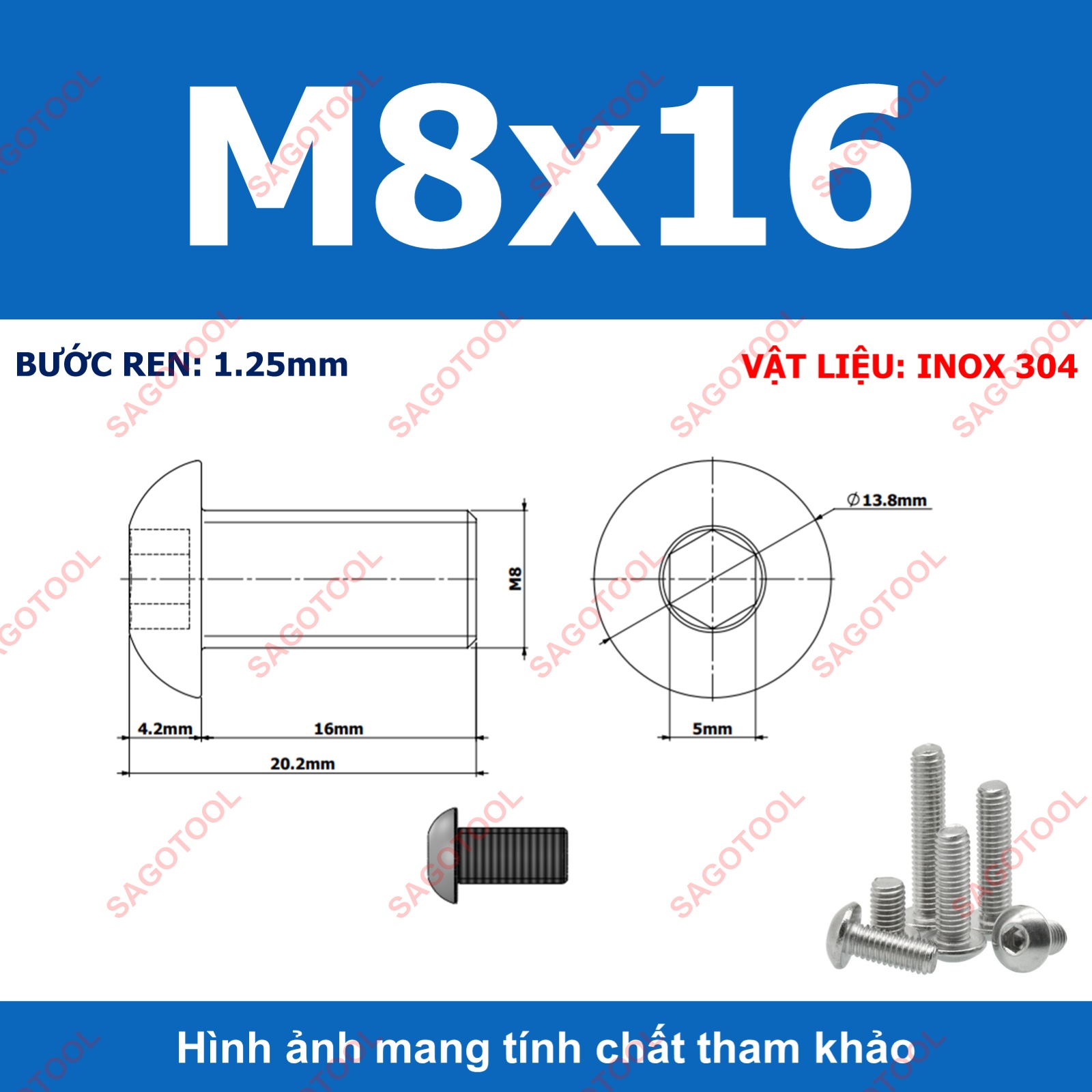 Ốc vít inox, Bulong inox lục giác đầu dù Inox 304 M3 M4 M5 M6 M8 (10 Con) - Ảnh 25